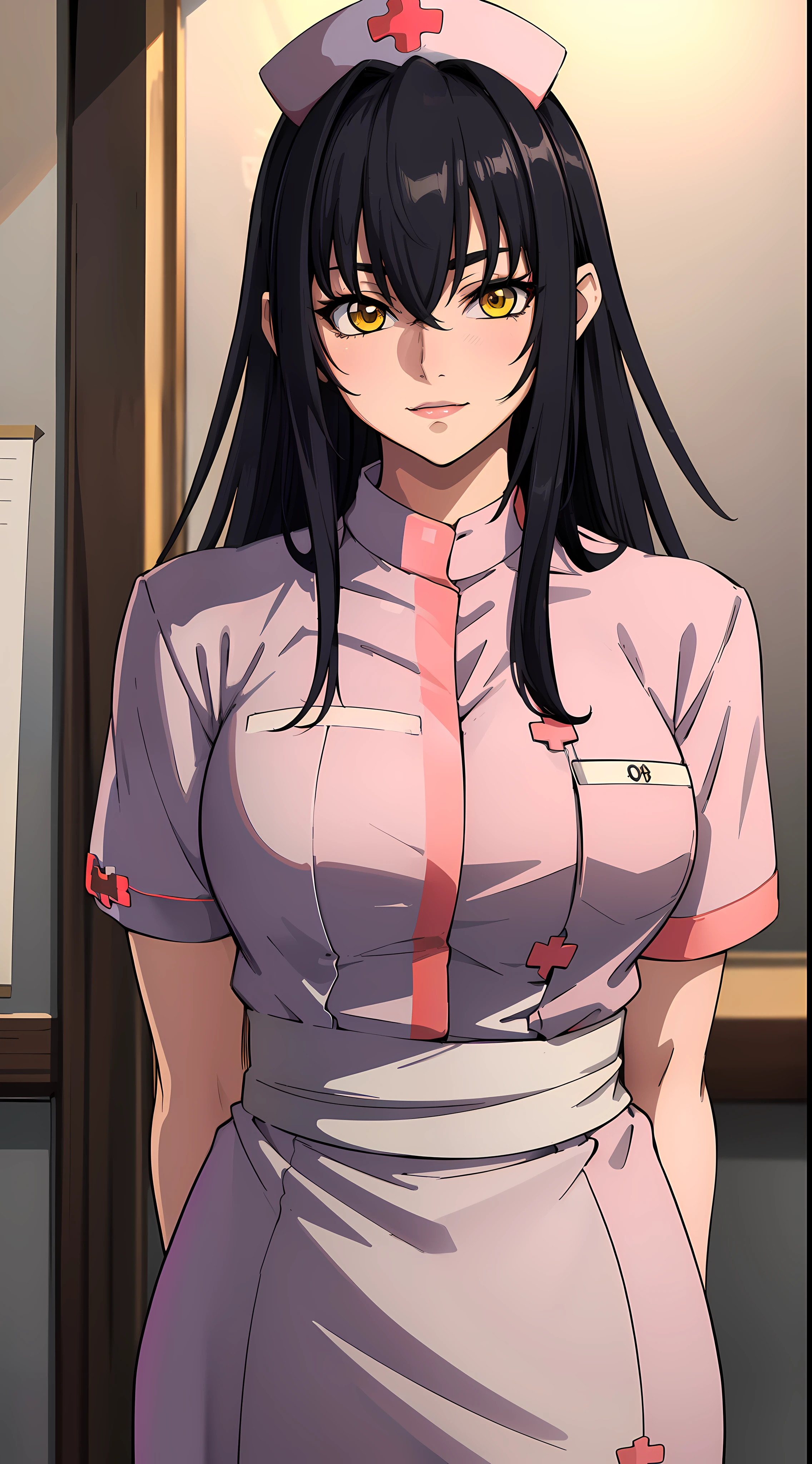 professional artwork, Intricate Details, field of view, sharp focus, detailed painting, photorealistic lighting, trending on pixiv,(masterpiece:1.0),(best_quality:1.0), ultra high res, ultra-detailed, photography, 8K, HDR, highres, absurdres:1.2, Kodak portra 400, film grain, sharp focus, bokeh:1.2, lens flare, (vibrant_color:1.2), (((indoors, dark night district))), Annerose, 1girl, female mature, ((long hair, black hair:1.4)), (yellow eyes), large breasts, ((formal clothes, nurse, nurse outfit:1.4)), soft skin, hair intakes, (solo:1.4), (upper body, half body shot, caring), confident, energetic, cheerful
