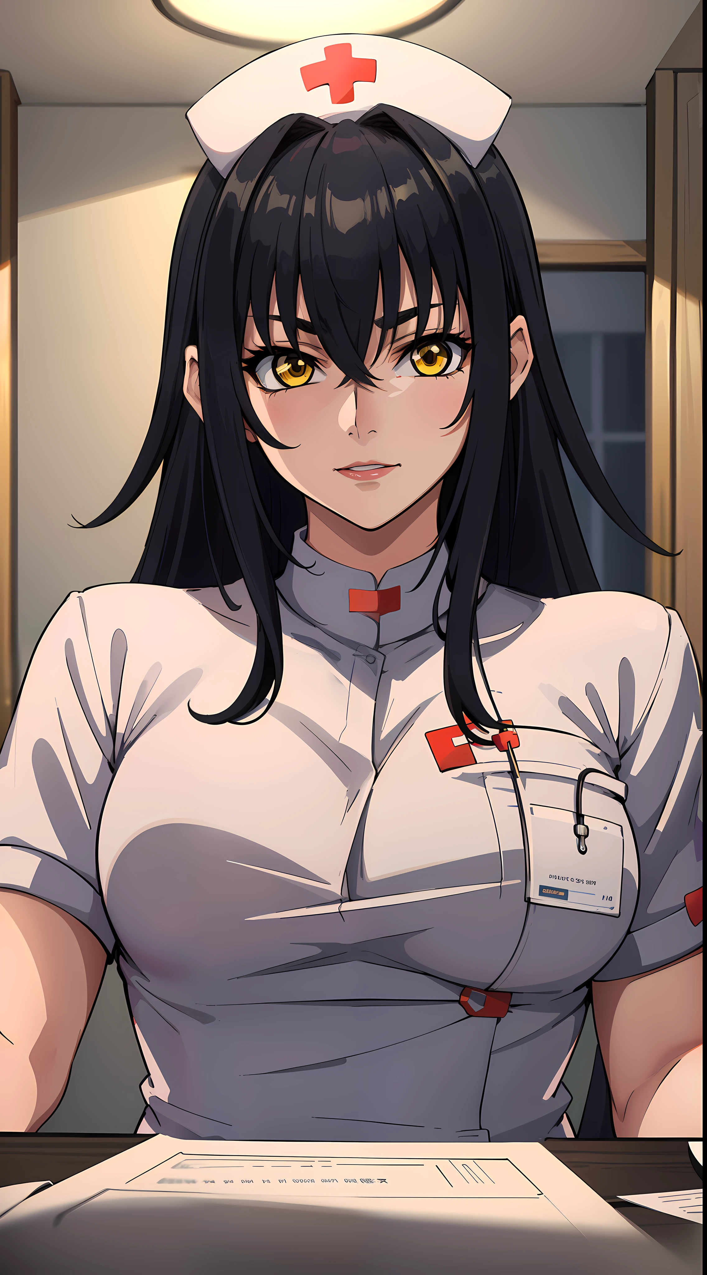 professional artwork, Intricate Details, field of view, sharp focus, detailed painting, photorealistic lighting, trending on pixiv,(masterpiece:1.0),(best_quality:1.0), ultra high res, ultra-detailed, photography, 8K, HDR, highres, absurdres:1.2, Kodak portra 400, film grain, sharp focus, bokeh:1.2, lens flare, (vibrant_color:1.2), (((indoors, dark night district))), Annerose, 1girl, female mature, ((long hair, black hair:1.4)), (yellow eyes), large breasts, ((formal clothes, nurse, nurse outfit:1.4)), soft skin, hair intakes, (solo:1.4), (upper body, half body shot, caring), confident, energetic, cheerful