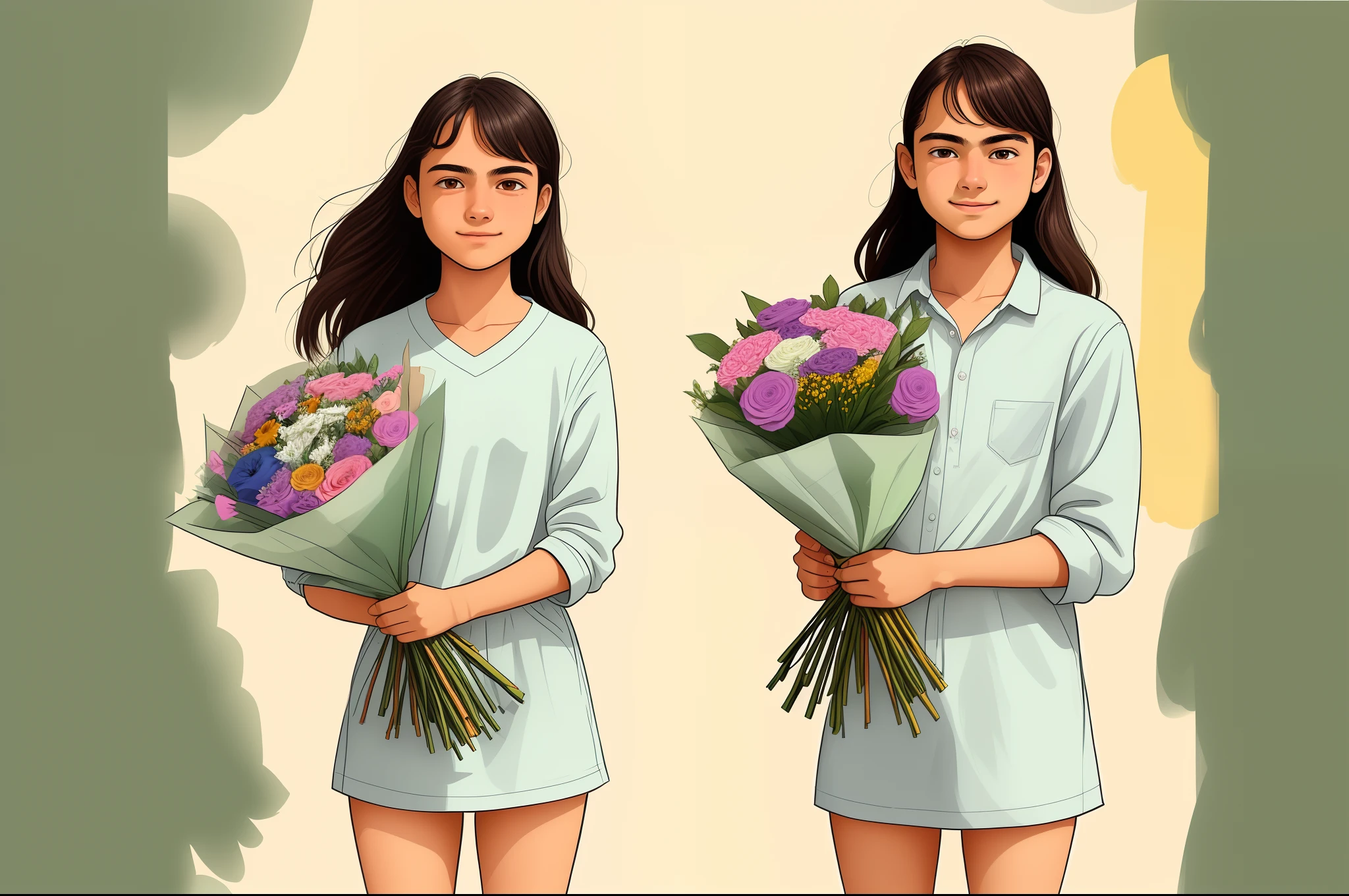 Retrato de uma jovem adolescente, parte superior do corpo, holding a bouquet of flowers, estilo sketch
