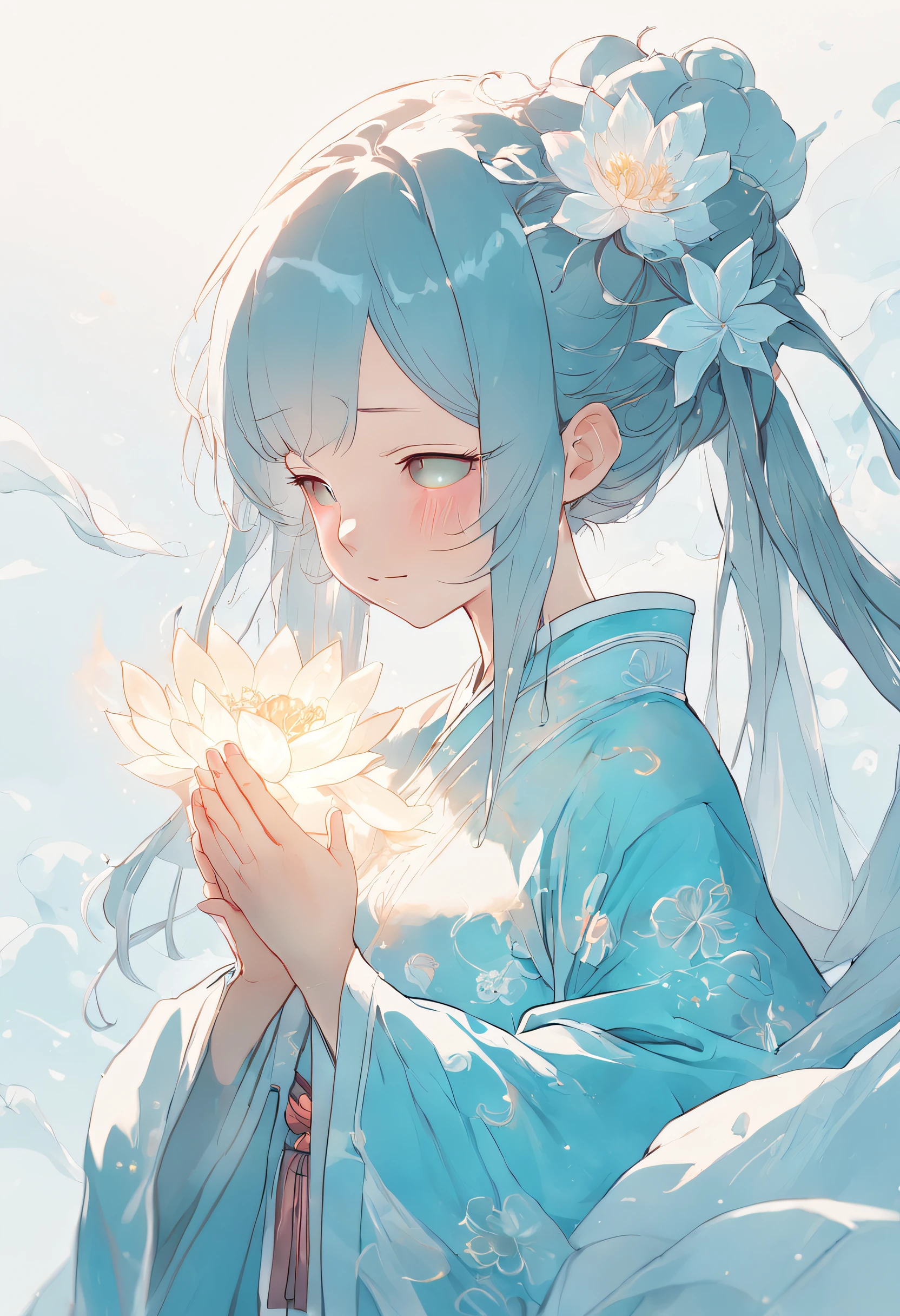 Ancient Chinese girl in light blue Hanfu smiling,Prayers are surrounded. Huge lotus flower, ,The median is transparent/Translucent pink lotus, soft, Glow,author：Yumei, Light, light blue and white, Simple white background, surrealist, , Super detail, Textured skin, 8K ,cheerfulness,Bright, Sunny, Warm and sunny，Veiled face,Many petals are falling, North and South Dynasties,Hanfu, Very simple wind, Line,Chibi anime style，Hand detail