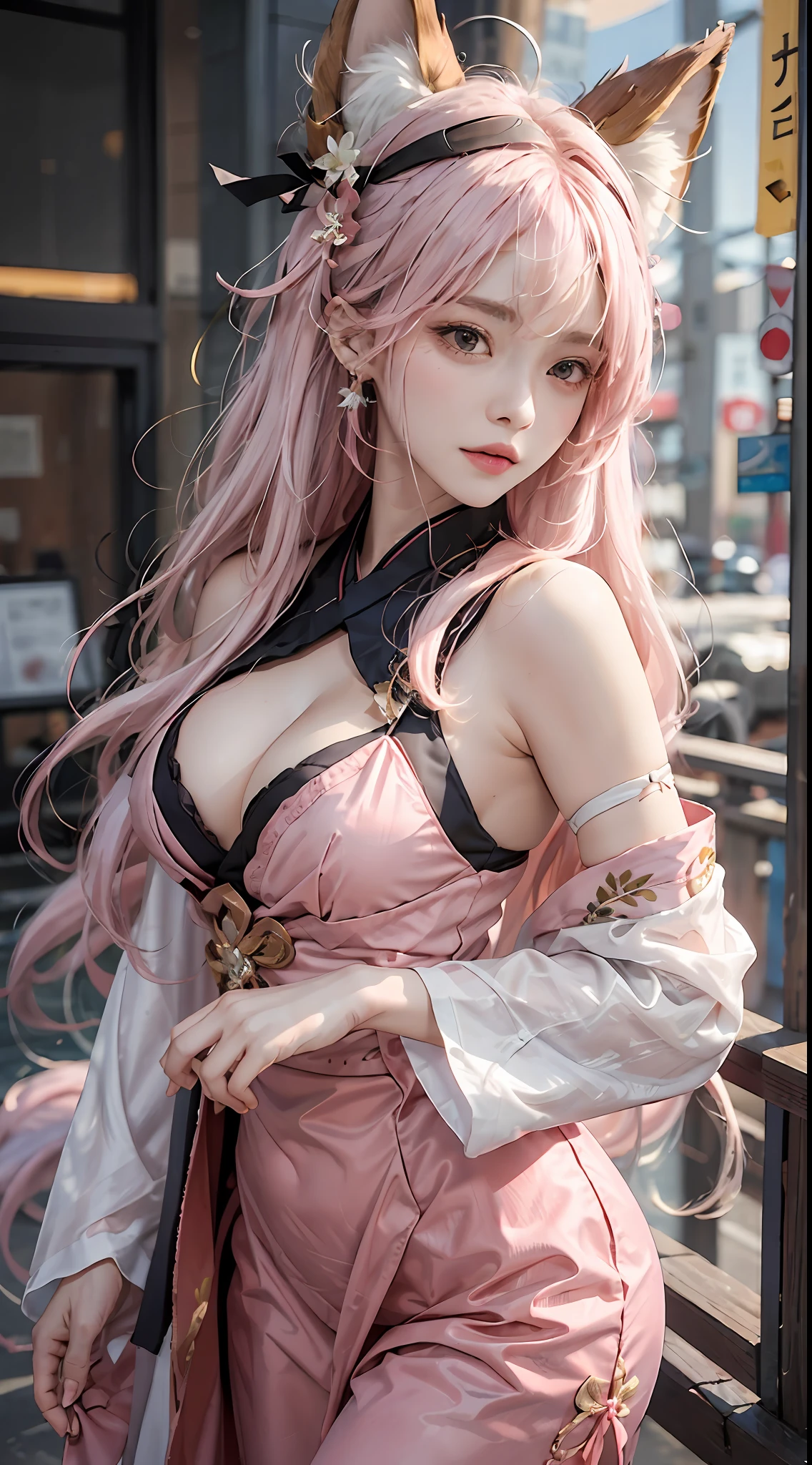 ((masterpiece, best quality)), (1girl),((mature female)), lightpink hair, halo, fox ears,bangs,middle breast,(busty),slim, [wide hips],standing, yea miko \(genshin impact\),