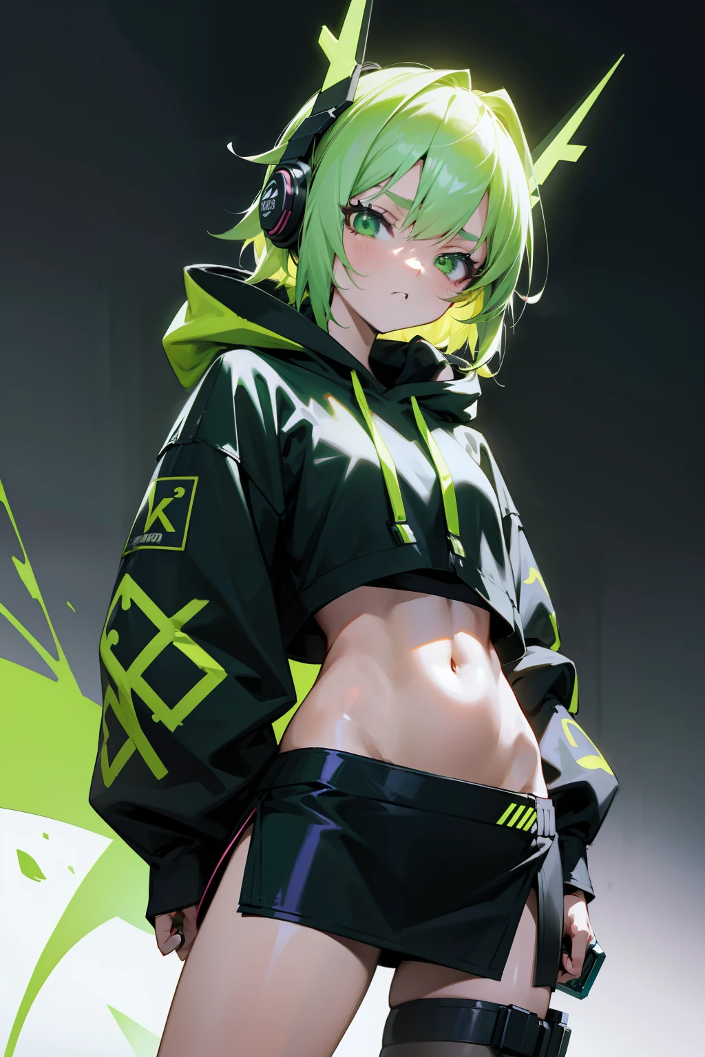 Anime character with green eyes with a single-legged prosthesis, Headphones and black clothes with green accents. Fluorescent miniskirt，Black and green matching，Being in the room, Best anime 4k wallpapers, Anime style 4K, Cyberpunk anime girl wearing crop top hoodie, Anime art wallpaper 8 K, Anime art wallpaper 4 K, Anime art wallpaper 4k, Anime moe art style, 4k anime wallpapers, Anime wallpaper 4K, Anime wallpaper 4K, Badass anime 8 K，Single leg prosthesis
