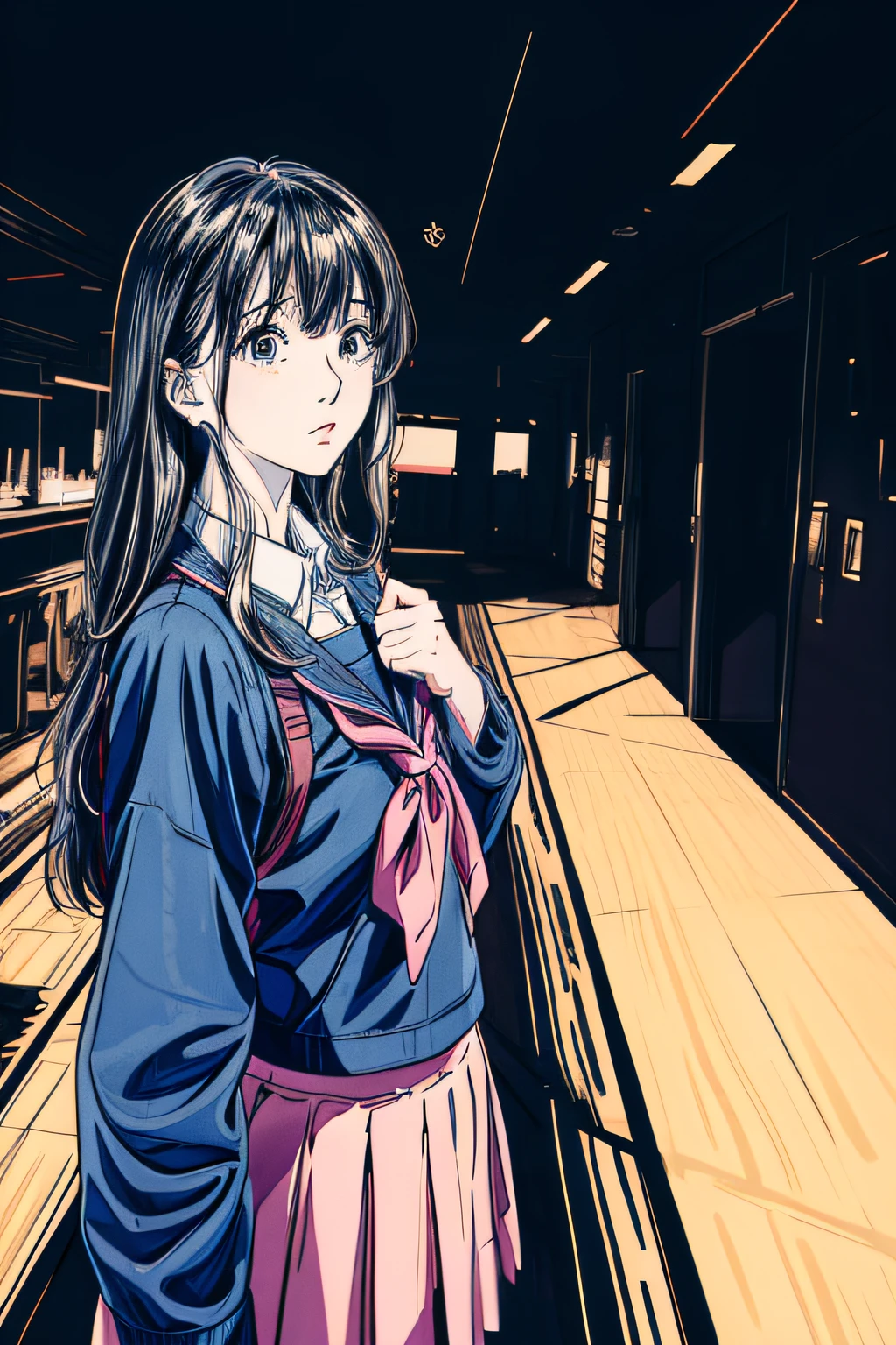 Solo_girl_hi-school girl、japanese hight school uniform,actionpose、cheerfully、Overflowing、ink art、((top-quality、8K、masterpiece:1.3))、(Clear focus:1.2)、(comic book style),(Pop),(linear art_Anime)、(PastelColors:1.2),((monotone_High Contrast Art:1.2))、flat chest、(the complex background:1.2),(Lola:add more details:1.2)、sharp outline、sharp lineart、Urban background、