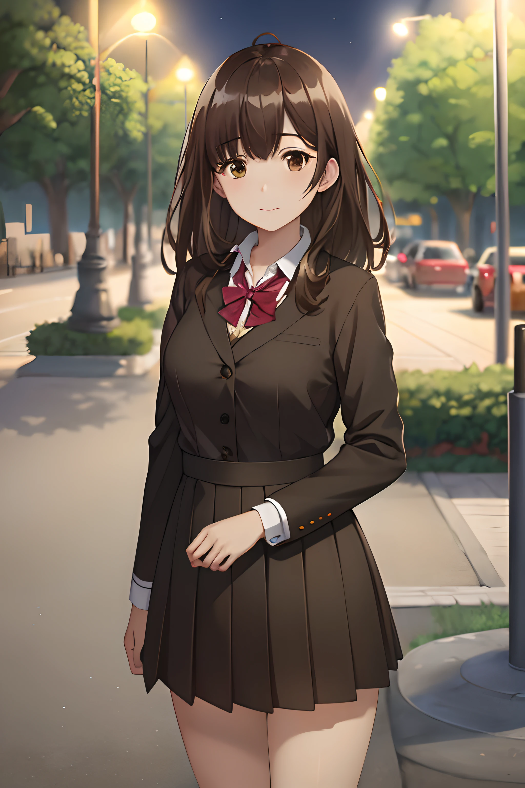 best quality, (masterpiece:1.2), highly detailed, outdoors, park, city, night,
1girl, solo, ogiwara sayu,
looking at the viewer, medium breasts, slight smile, closed mouth, (standing:1.2),
brown eyes, brown hair, long hair, school outfit