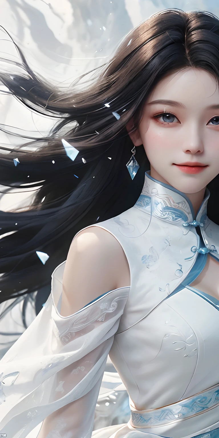 (Masterpiece, top quality, best, official art, beautiful and aesthetic, long exposure: 1.2), smooth movement, captivating pattern, 1 girl, (long skirt with sleeves: 1.3), (((white clothes))), upper body close-up, no shoulders, chinese girl, blush, black lob hair, portrait, solo, upper body, long white hair, slender legs, smile, close-up of face, ultra-wide angle, gaze observer, detailed background, detailed face, (crystallineAI, crystalline theme: 1.1), elemental wind sprite, spinning wind, control wind, white crystal clothes, dynamic pose, floating particles, ethereal power, whirlwind, steam, whirlwind in background, white tone, whirlwind, ethereal atmosphere,