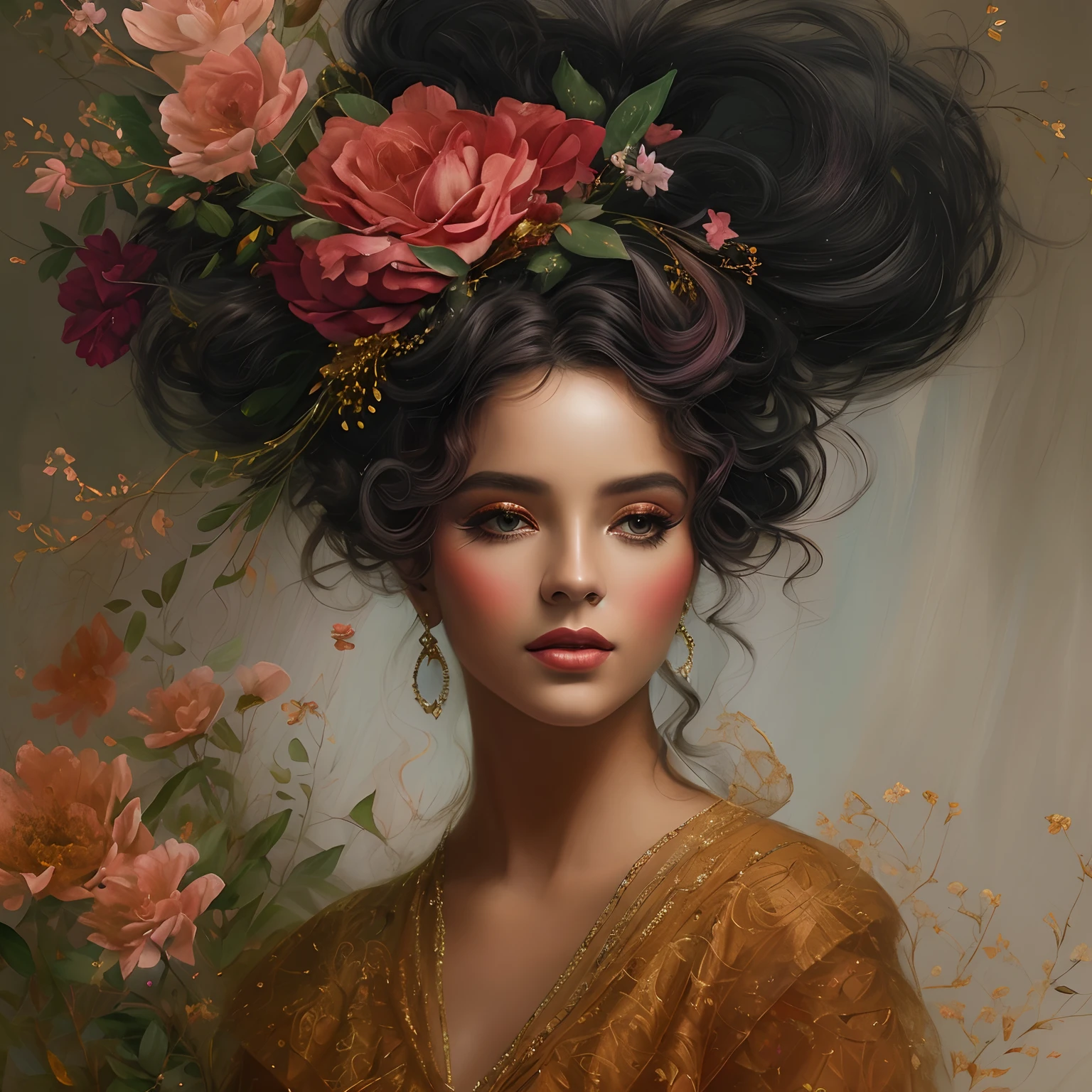 uma mulher de cabelos negros com uma rosa vermelha no cabelo e um vestido preto e vermelho rendado, bela arte digital, pintura digital bonita, pintura digital elegante, bela arte digital, lindo pintura digital, pintura realista da menina bonito, Beautiful digital illustration, Arte digital realista 8K, Arte digital realista 8K, arte digital de um elegante, pintura de personagem bonita, retrato bonito da arte da fantasia, lindo arte digital