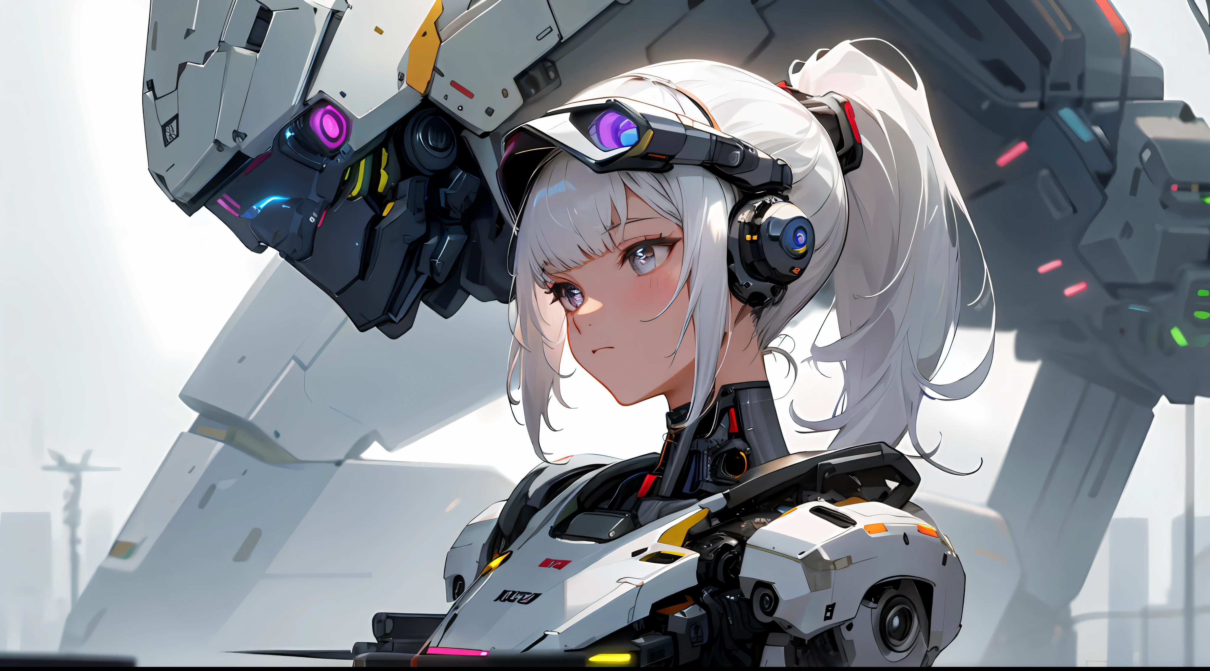 Medium shot, medium shot, depth of field, bust, upper body, cinematic angle, masterpiece, best quality, super detailed, CG, 8K wallpaper, pretty face, delicate eyes, a maiden, solo, white hair, microcurls, expressionless, ponytail, mecha tights, mechanical parts, robot joints, headdress, cyberpunk, glowing neon, cyberhelmet, cyborg