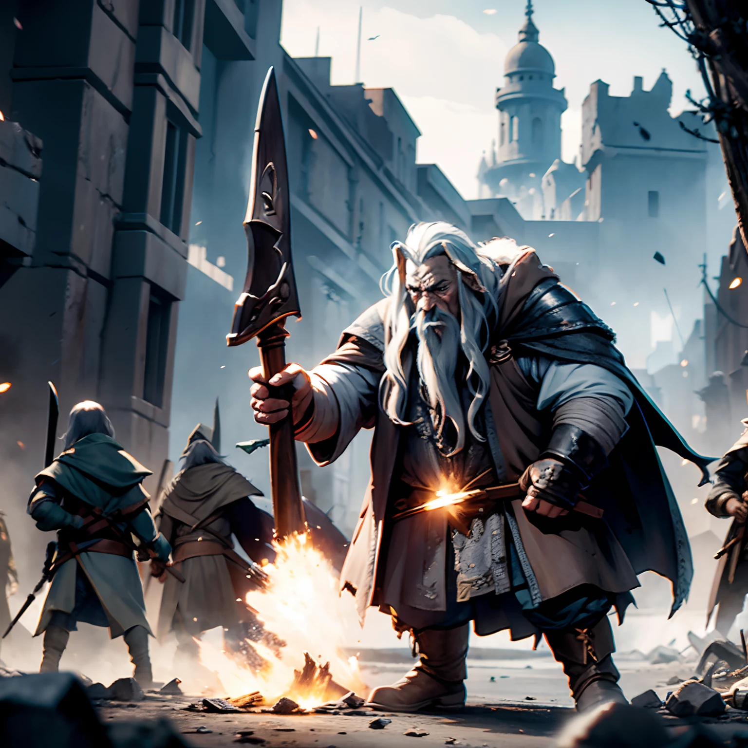 decenas de orcos estan atacando un pueblo  gandalf defiende el pueblo con poderes magicos