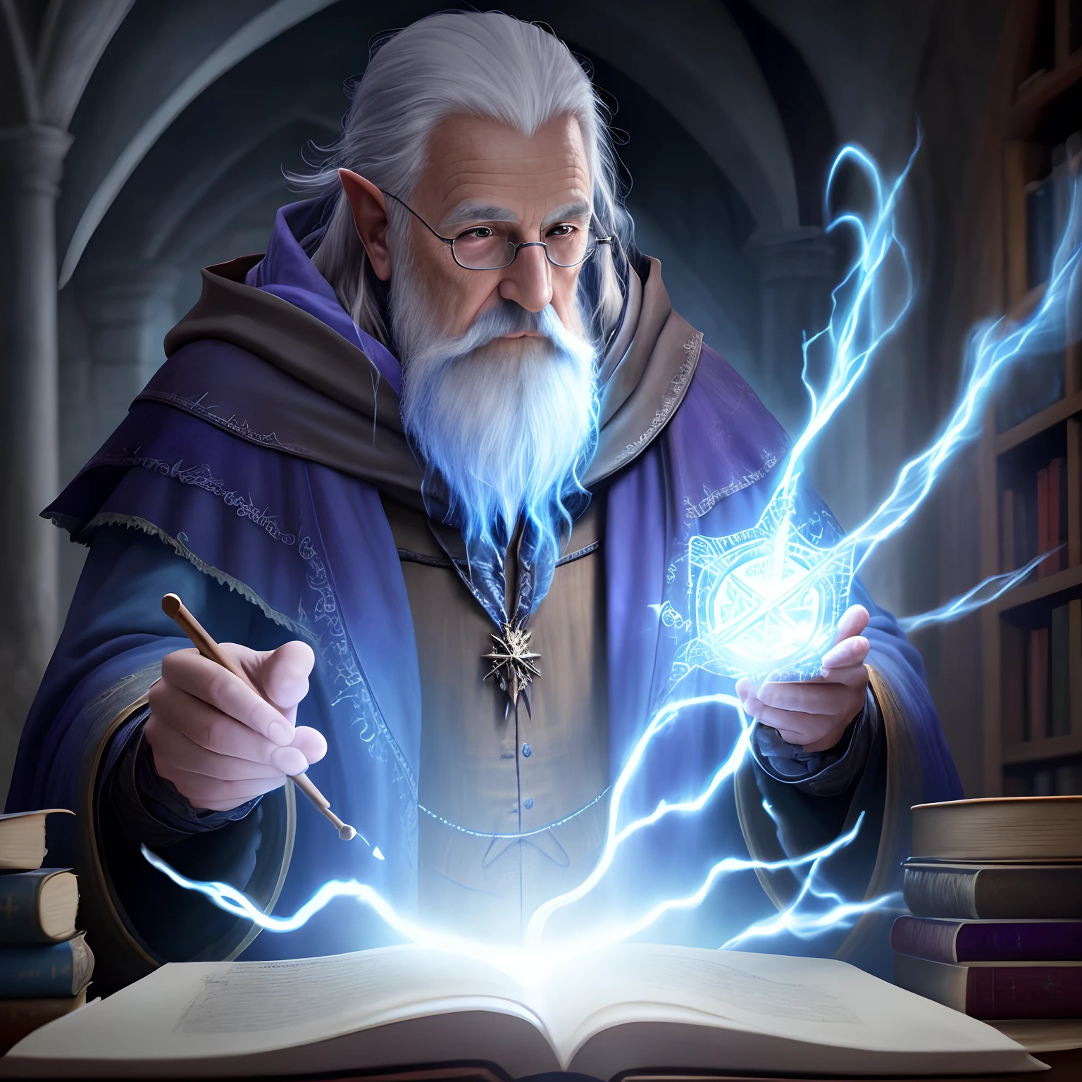 an old wizard doing spells, emphasis on its action, texturas ultra detalhadas, layers of textures faithful to reality, profesional lighting, detalhamento realista cores azul escuro e roxo