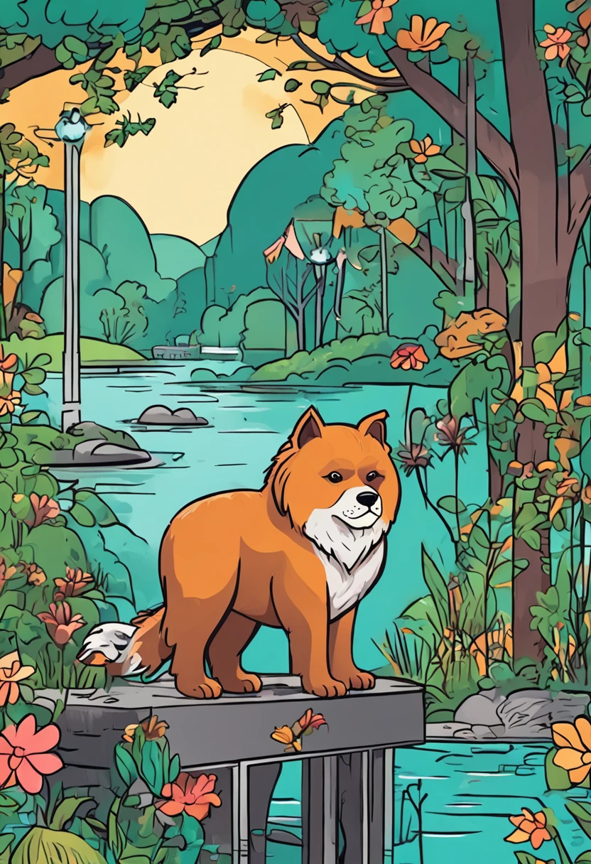 cartoon scene of a city in the middle of the amazon rainforest of an adult black chow chow dog like the one above wanting to jump into the river and an owl on top of the tree with open beak as if talking, trees with flowers and park items, park fenced with colorful fences, river of crystal clear water glistening in the light of the park's streetlamp, colorful children's book illustration, children's book illustration, illustrated storybook for children