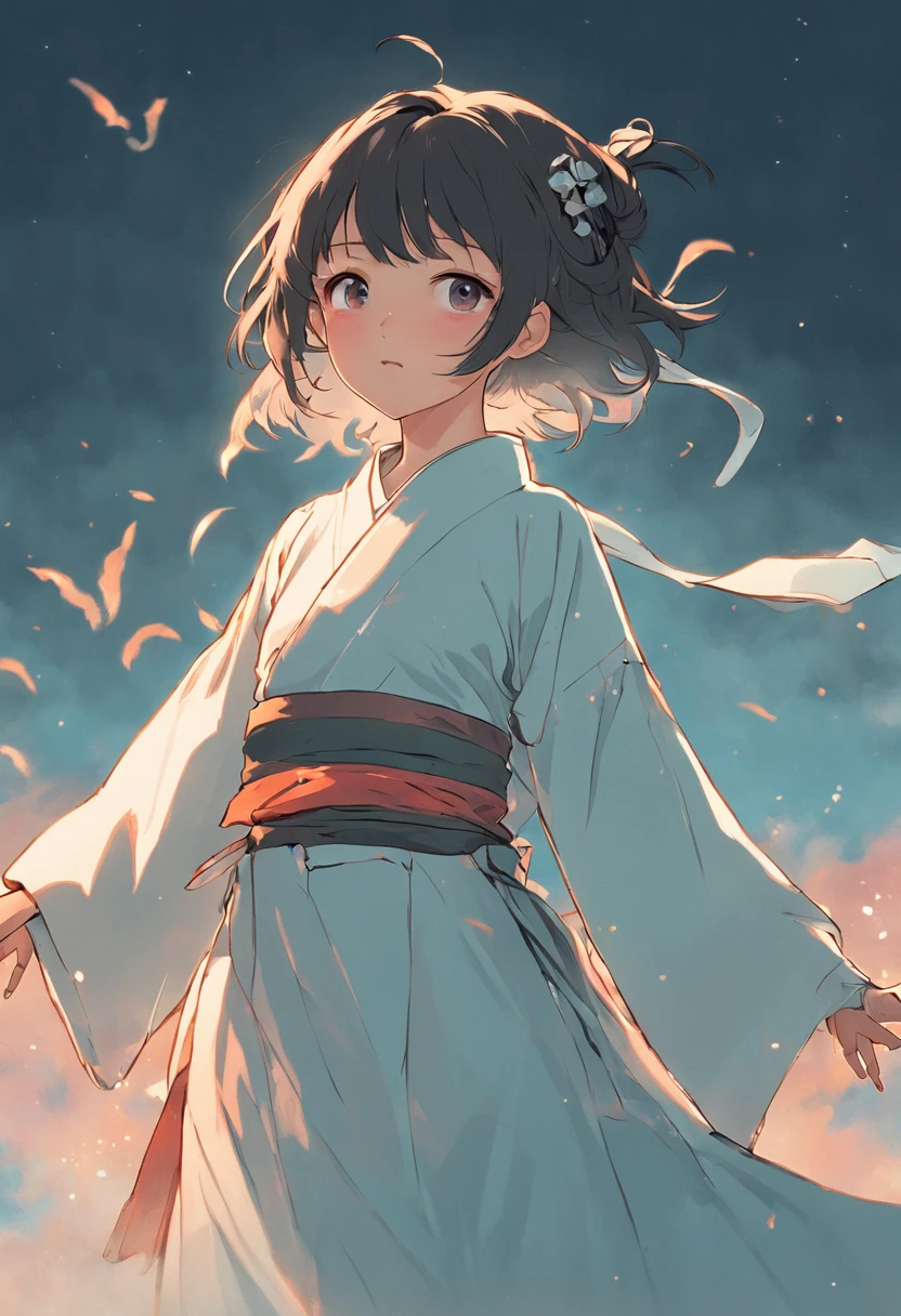 A girl of about fourteen years old，brunette color hair，The upper part of the body，eye closeds，short detailed hair，Wear a short white Hanfu skirt，The ends of the hair flutter in the wind，His right hand is invisible behind his back，Sandwiched between the index finger and ring finger of the left hand is a rune paper gossip talisman，A handsome girl，Chinese girl，There is only one character。