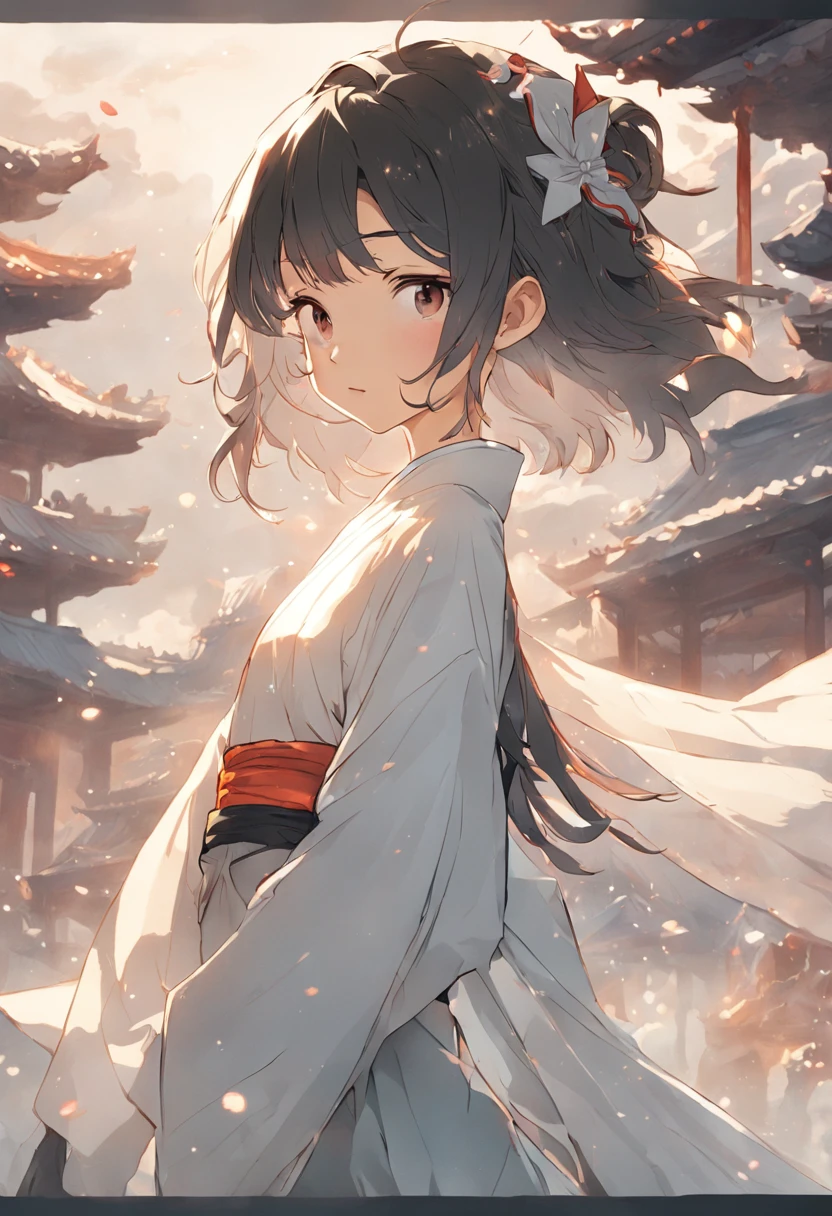 A girl of about fourteen years old,brunette color hair,The upper part of the body,eye closeds,short detailed hair,Wear a short white Hanfu skirt,The ends of the hair flutter in the wind,His right hand is invisible behind his back,Sandwiched between the index finger and ring finger of the left hand is a rune paper gossip talisman,A handsome girl,Chinese girl,There is only one character。