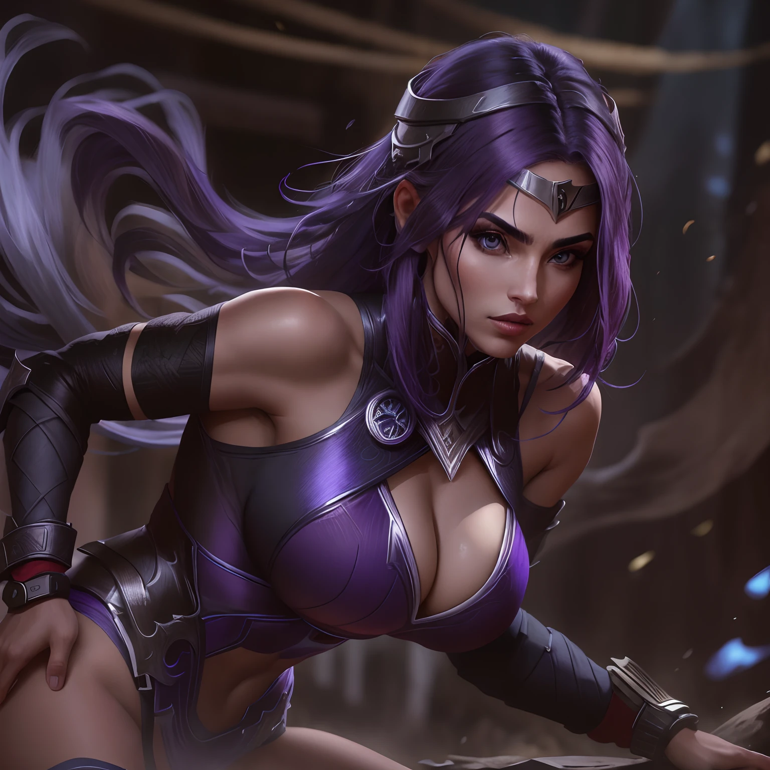 Guerreira, mulher ocidental, mulher bonita, mulher jovem, mulher branca, Branco_Woman, mulher de cabelo roxo escuro longo, cabelo solto, dark_purple_hair, azul_olho, Black ninja clothes with silver accessories, peitos grandes, Estilo Mortal Kombat, Personagem de Mortal Kombat, realista, 1girl, jardim de fundo