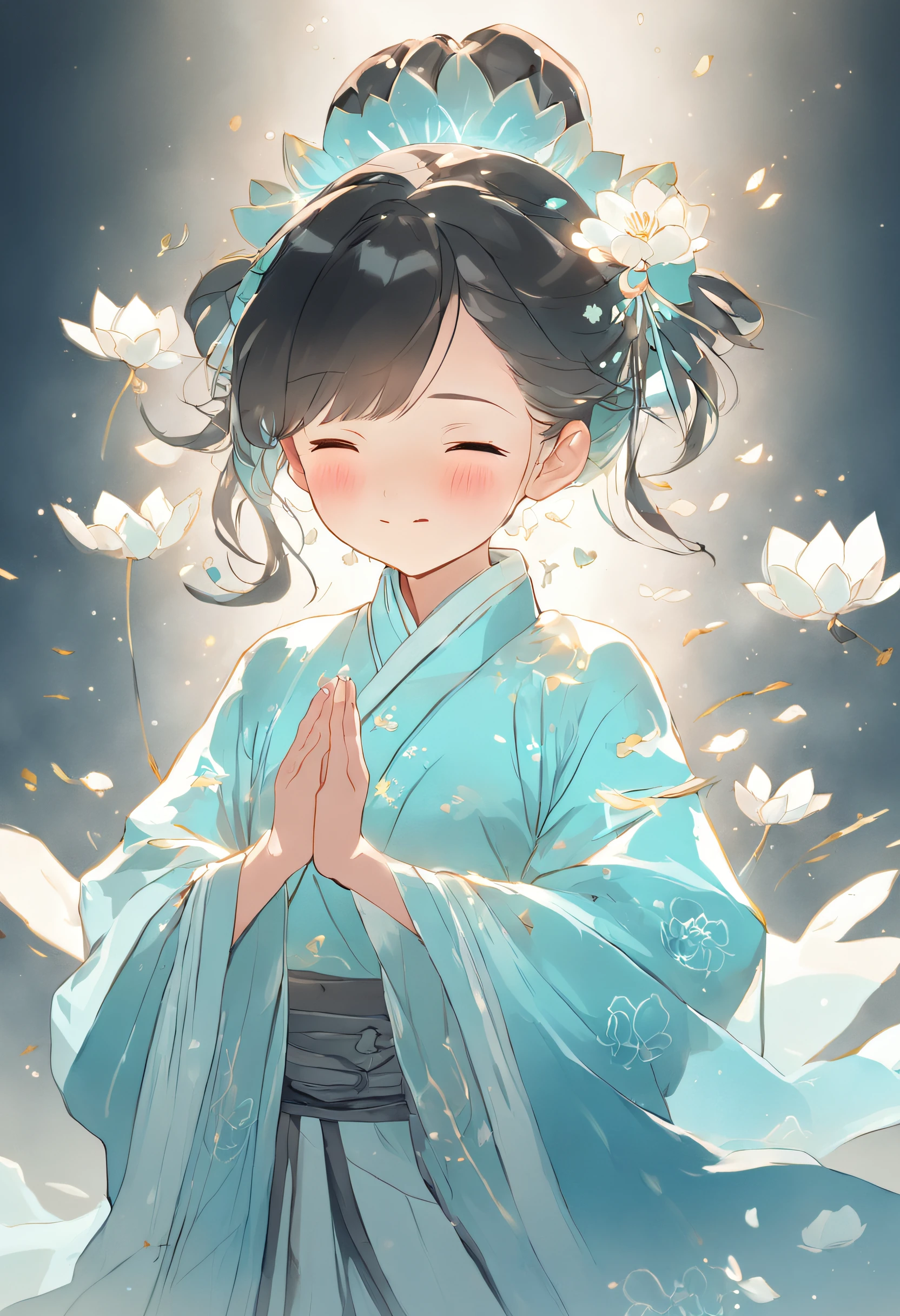 Ancient Chinese girl in light blue Hanfu smiling,Prayers are surrounded. Huge lotus flower, ,The median is transparent/Translucent pink lotus, soft, Glow,author:Yumei, Light, light blue and white, Simple white background, surrealist, , Super detail, Textured skin, 8K ,cheerfulness,Bright, Sunny, Warm and sunny,Veiled face,Many petals are falling, North and South Dynasties,Hanfu, Very simple wind, Line,Chibi anime style,Hand detail