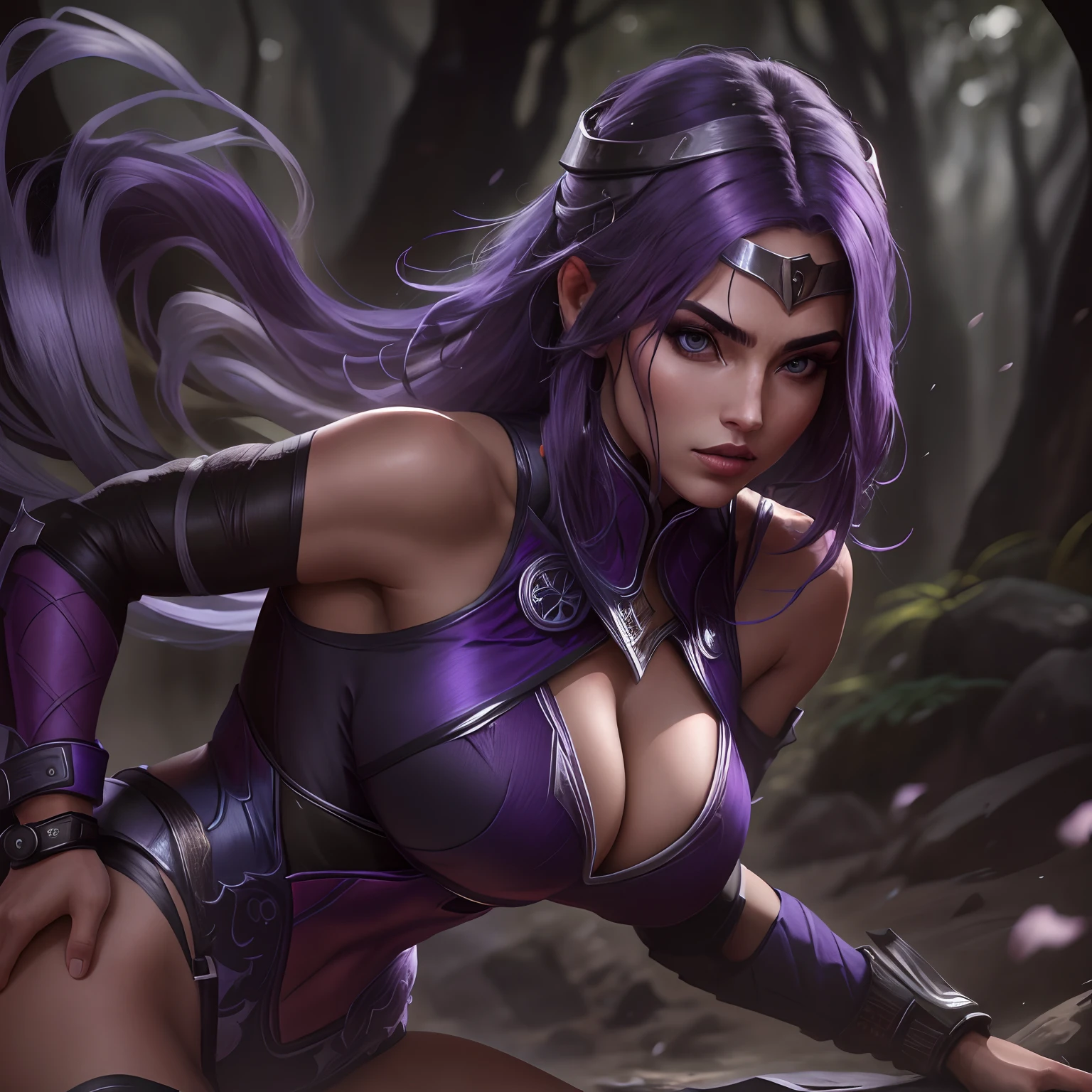 Guerreira, mulher ocidental, mulher bonita, mulher jovem, mulher branca, Branco_Woman, mulher de cabelo roxo escuro longo, cabelo solto, dark_purple_hair, azul_olho, Black ninja clothes with silver accessories, peitos grandes, Estilo Mortal Kombat, Personagem de Mortal Kombat, realista, 1girl, jardim de fundo