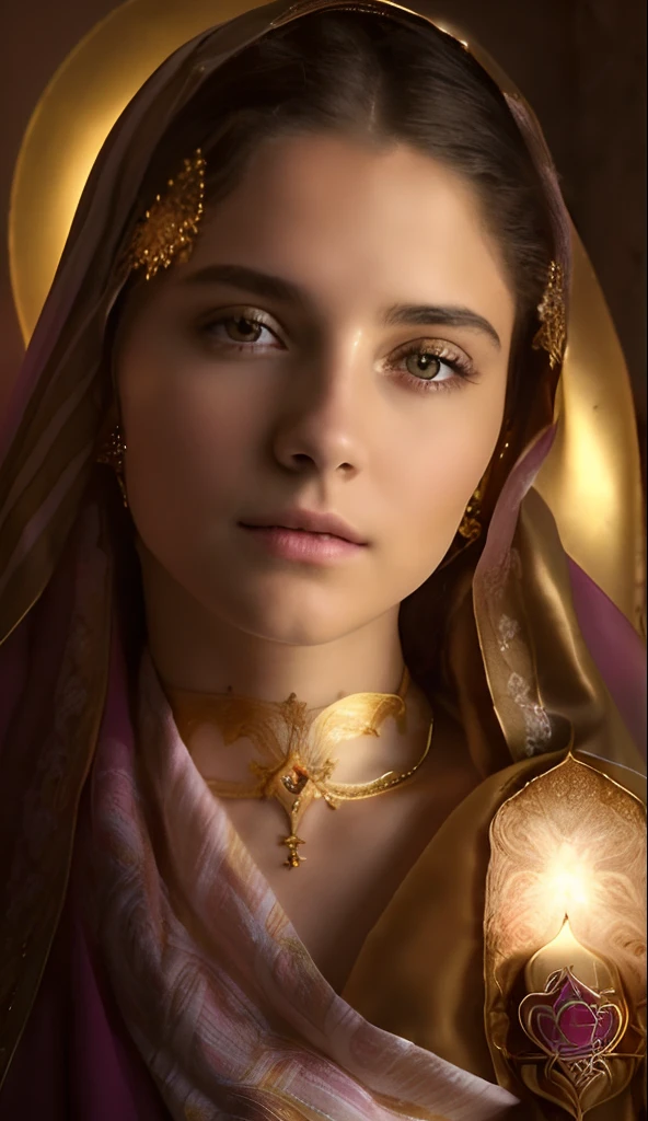 (((Saint Virgin Mary. 19 years old))) ((( Con una cara seria y piadosa. Con una mirada dulce y tierna))) (obra maestra, calidad superior, mejor calidad, arte oficial, beautiful and aesthetic: 1.2), (1girl), extremadamente detallado, (Arte fractal: 1.3), colorido, highest detailed, Cara perfecta, parte superior del cuerpo, HDR, (orando: 1.3), (golden lines of white coat: 1.2), galaxia, (rayas de luz), eye-catching visuals, (dynamic stripes, senderos luminosos: 1.2), colores vibrantes,