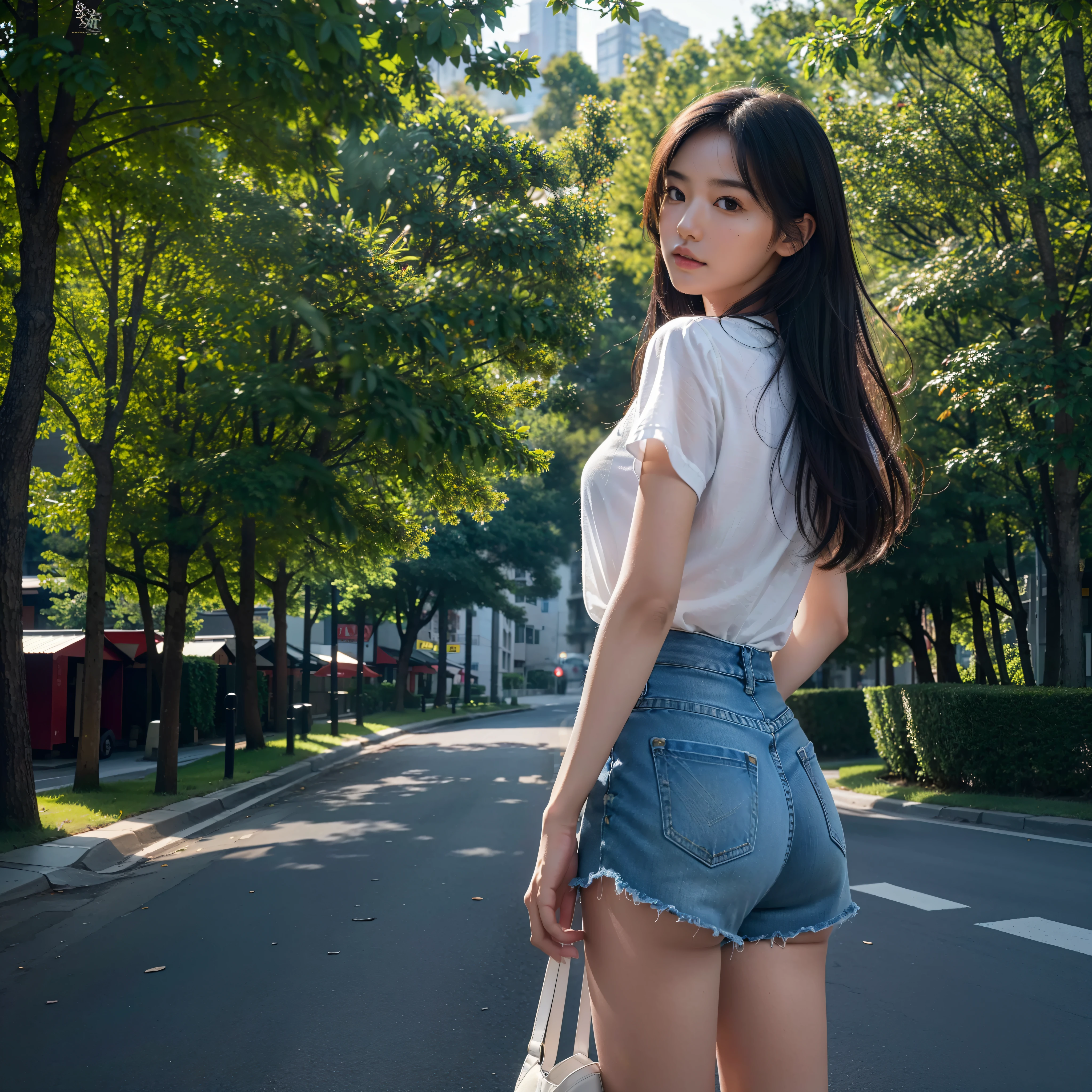 (masterpiece), (best quality), (ultra-detailed), (Best quality), (best finger)(Ultra-detailed),  pretty asian girl in high waisted panties standing on the street denim, looking at viewer, shorts, long hair, denim shorts, ass, shirt, solo focus, outdoors, mole under eye, bag, jewelry, road, 1 girl, looking back，(Photorealistic)), ((Fantastic background)), Ultra-realistic, Ultra-detailed, Ultra HD plus 16K resolution ((masterpiece)), ((highest quality 16k)), ((detailed and delicate)), ((photorealistic)), ((fantastic background)), Ultra-realistic, ultra-detailed, winning award