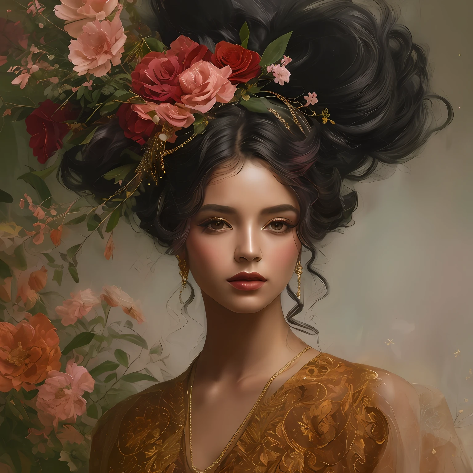 uma mulher de cabelos negros com uma rosa vermelha no cabelo e um vestido preto e vermelho rendado, bela arte digital, pintura digital bonita, pintura digital elegante, bela arte digital, lindo pintura digital, pintura realista da bonito, Beautiful digital illustration, Arte digital realista 8K, Arte digital realista 8K, arte digital de um elegante, pintura de personagem bonita, retrato bonito da arte da fantasia, lindo arte digital