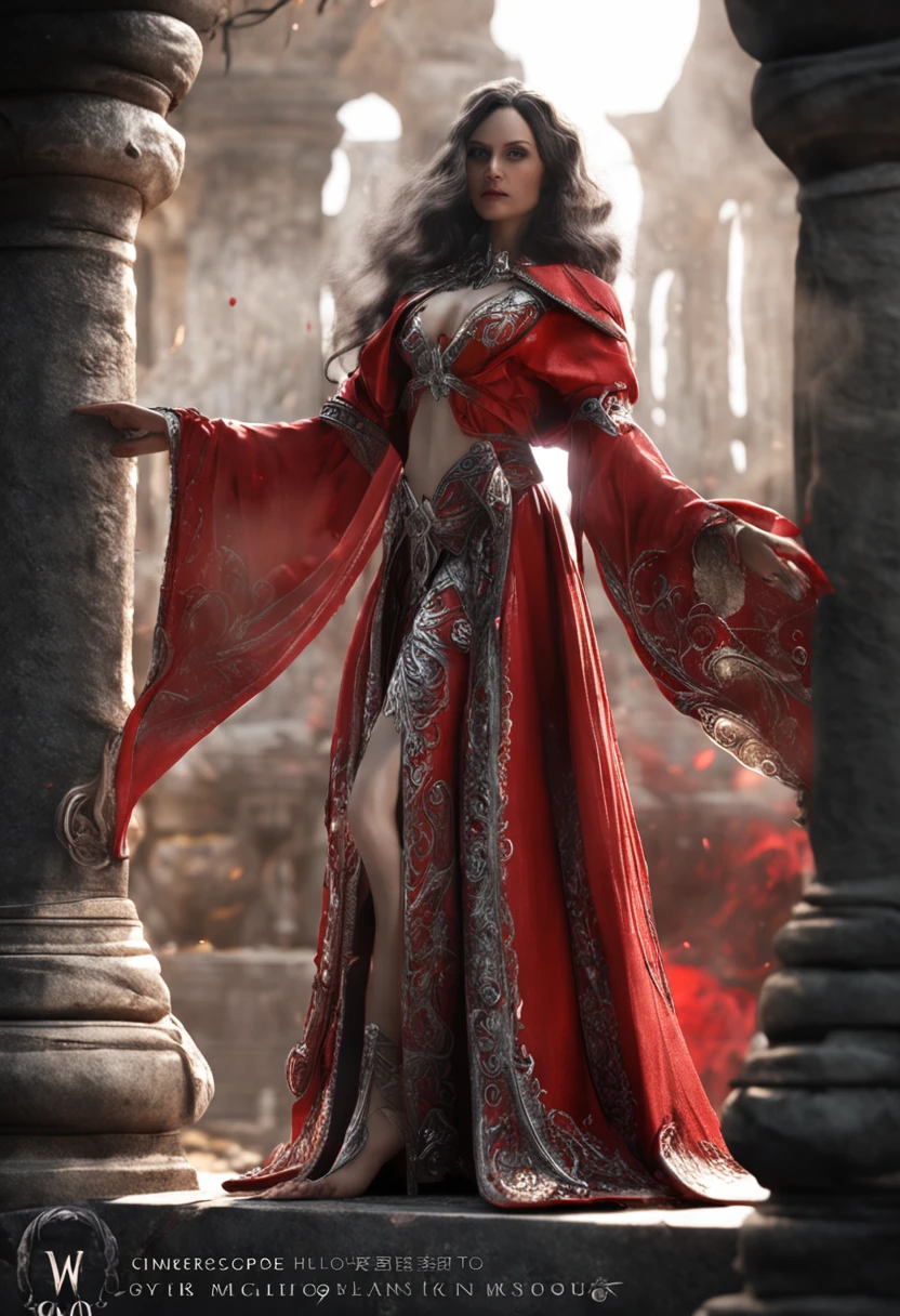 (((workshop))), hiquality, ultra- detailed, Exceptionally beautiful, Sorceress in a red robe, Lots of postures, Front & Rear Detail, Long crystal staff.
