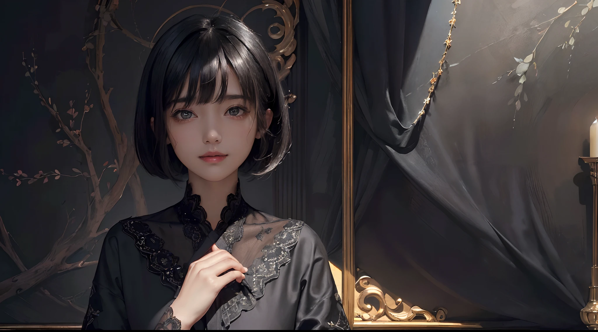 (A hyper-realistic)、(illustratio)、(hight resolution)、(8K)、(ighly detailed)、(Best Illustration)、(beautifully detailed eyes)、(top-quality)、(ultra-detailliert)、(masterpiece)、(wall-paper)、(A detailed face)、独奏、1 girl in、looking at viewert、fine detailed、A detailed face、in the darkness nigth、deep-shadows、lowkey、pureerosfaceace_v1、a smile、((short-hair))、Black shawl straight hair、46-point diagonal bangs、Luxurious room