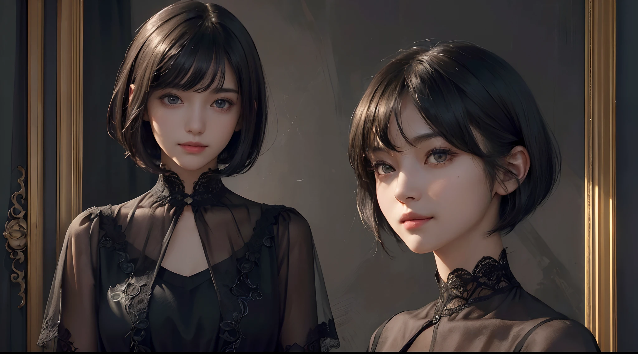 (A hyper-realistic)、(illustratio)、(hight resolution)、(8K)、(ighly detailed)、(Best Illustration)、(beautifully detailed eyes)、(top-quality)、(ultra-detailliert)、(masterpiece)、(wall-paper)、(A detailed face)、独奏、1 girl in、looking at viewert、fine detailed、A detailed face、in the darkness nigth、deep-shadows、lowkey、pureerosfaceace_v1、a smile、((short-hair))、Black shawl straight hair、46-point diagonal bangs、Luxurious room