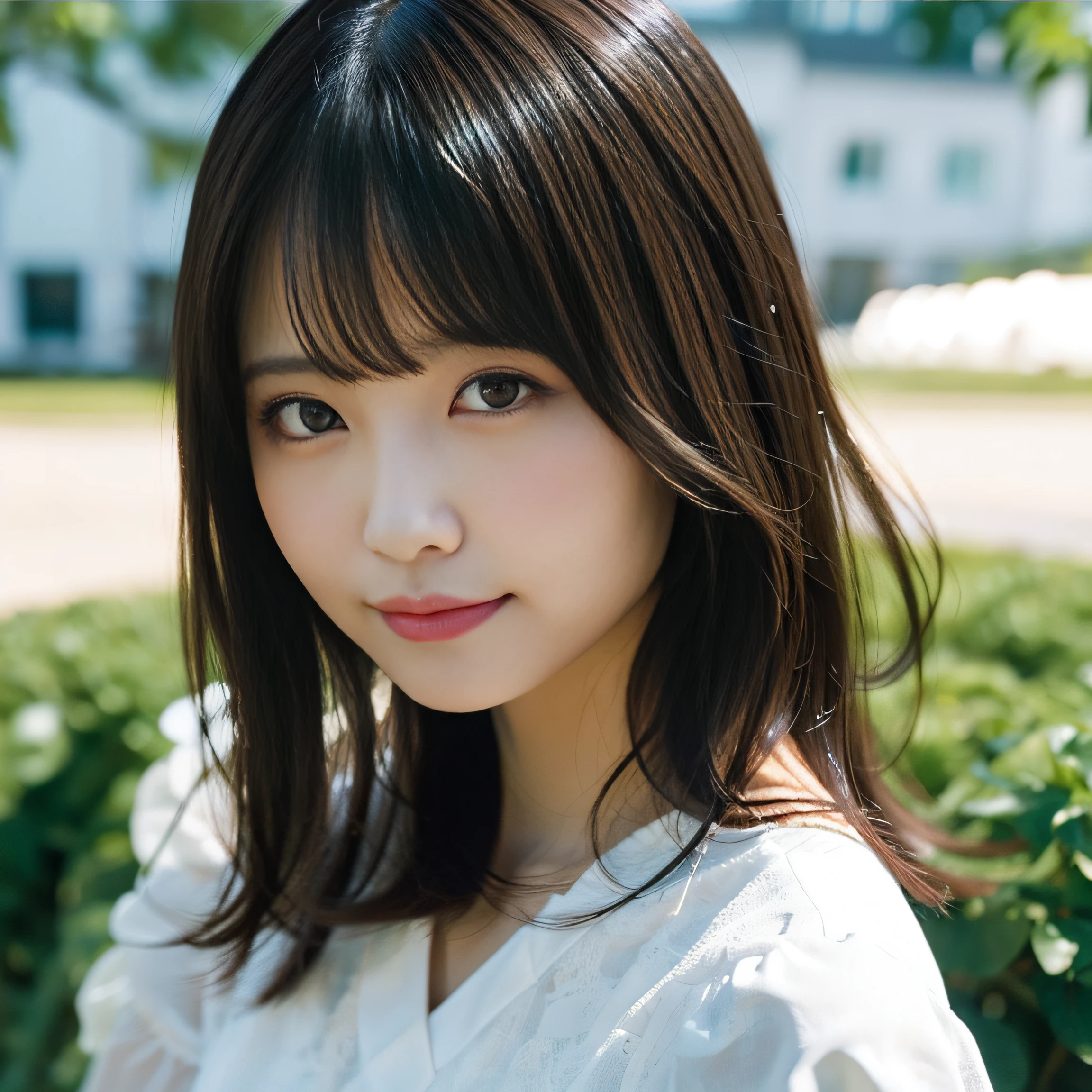 in 8K,Best Quality:1.4, 超A high resolution:1.5, (Photorealistic:1.4),​masterpiece:1.2,(top-quality:1.4)、 Raw photo、 (From the knee up:1.4), (the background is blurred),  Japan women, Cute, 30-years old:1.2、Beautiful black eyes、dual、natural skin textures:1.8, realistic eyes and face details:1.8、middlebreasts、(Solo), (Shy smile),  Full body:1.2、White floral dress、realistic shadow、beauty legs:1.2、Smooth skin、 (Brown medium hair,Bangs),nogizaka:1.2,Beautiful body,  Midsummer blue sky、 Grassy park on the mountain、 Look at viewers、low angles