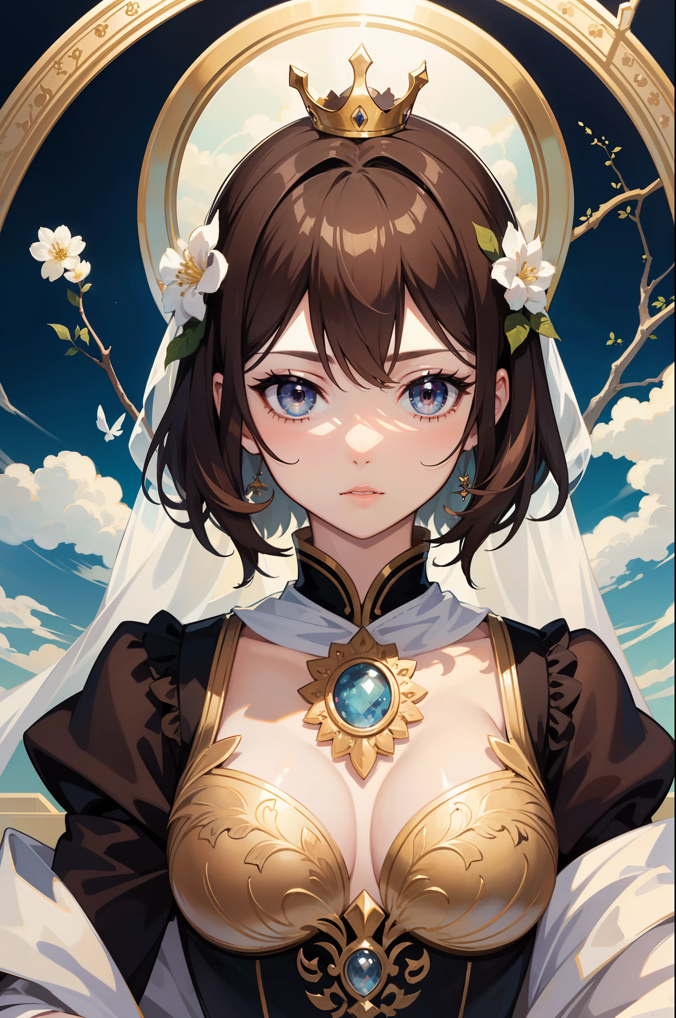 Official Art, Masterpiece European female face, short hair, light brown hair , brown eyes , Flower Frame ,Decorative panel , (​masterpiece、top-quality、hight resolution: 1.4),in 8K, Drawing of a woman with short light brown hair and a crown, Anime Art Nouveau, highly detailed exquisite fanart, anime fantasy illustration, clean detailed anime art, detailed anime art, Sharp Focus, Delicate Beautiful Hair and Eyes and Face, realisitic, ultra-detailliert, a beauty girl,A slender