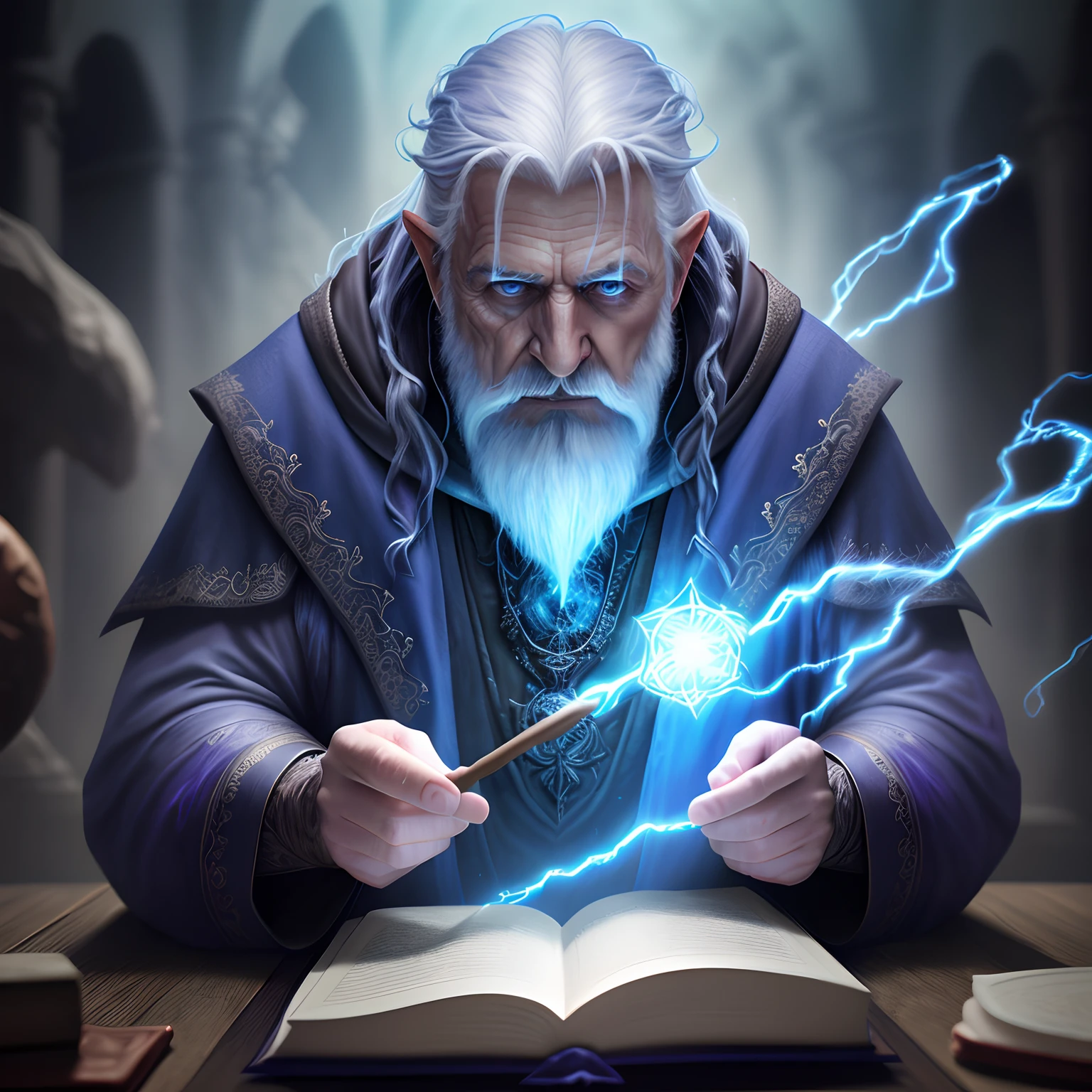 an old wizard doing spells, emphasis on its action, texturas ultra detalhadas, layers of textures faithful to reality, profesional lighting, detalhamento realista cores azul escuro e roxo