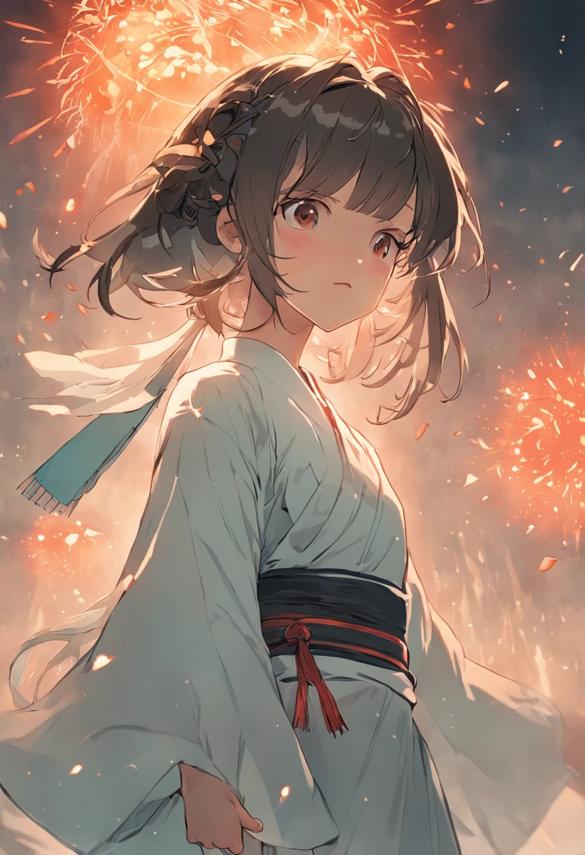 A girl of about fourteen years old,brunette color hair,The upper part of the body,eye closeds,short detailed hair,Wear a white Hanfu short Confucian skirt,The ends of the hair flutter in the wind,His right hand is invisible behind his back,Sandwiched between the index finger and ring finger of the left hand is a runic paper gossip amulet,A handsome girl,Chinese girl,Hair comb in the middle,There is only one character。