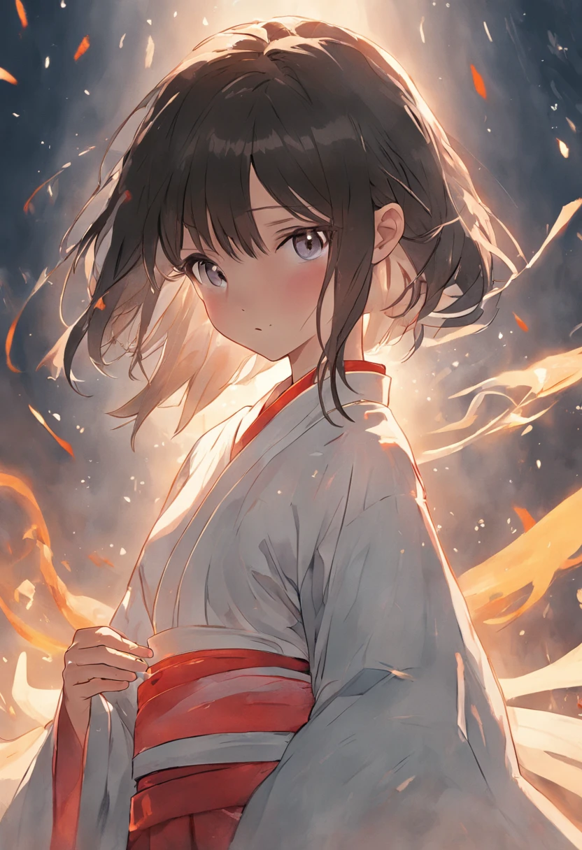 A girl of about fourteen years old，brunette color hair，The upper part of the body，eye closeds，short detailed hair，Wear a white Hanfu short Confucian skirt，The ends of the hair flutter in the wind，His right hand is invisible behind his back，Sandwiched between the index finger and ring finger of the left hand is a runic paper gossip amulet，A handsome girl，Chinese girl，Hair comb in the middle，There is only one character。