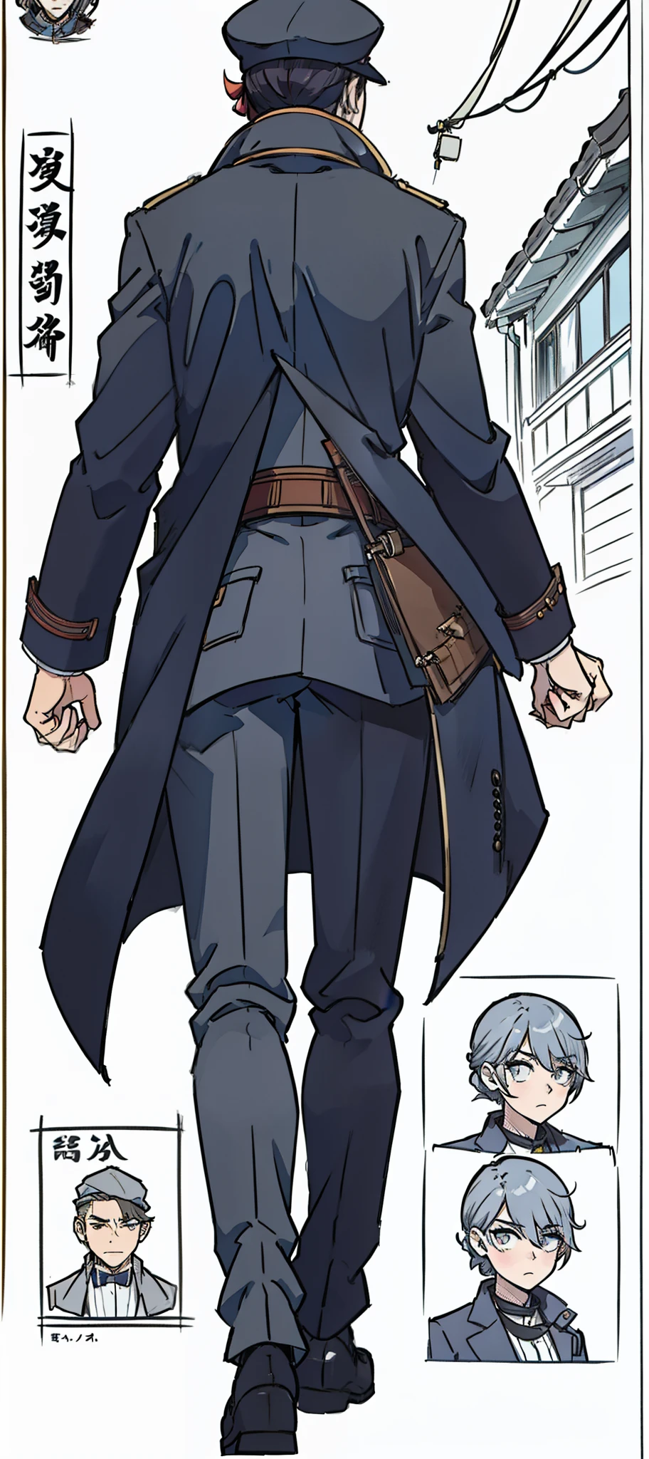 1guys, hat and coat standing in back pose, ( ( manga style ) ), concept art by Kamisaka Sekka, pixiv, shin hanga, noir film world character design, detective clothes, detective coat, ( ( character concept art ) ), anime concept art, expert high detail concept art, traditional japanese concept art, full body character design, detailed full body concept art, ( ( character sheet from back pose ) )