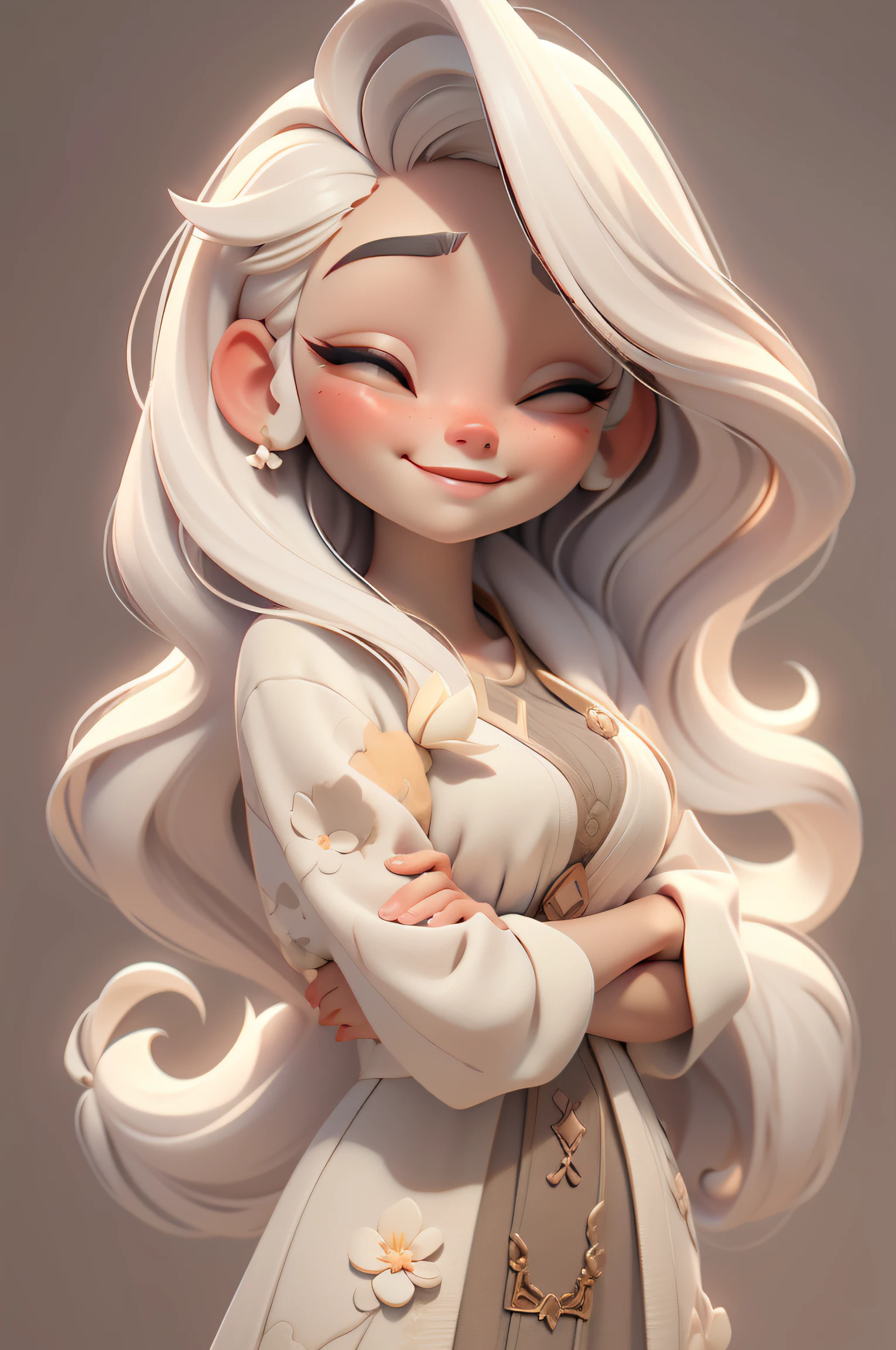 3D rendering style, Avatar dos desenhos animados 3D, , cabelo ao vento, longos cabelos loiros claros e beges, Closed eyes with well-defined eyelashes, sardas no rosto, Flowing long dress light beige with flowers, in public, meio corpo, without glasses, fundo rainbow