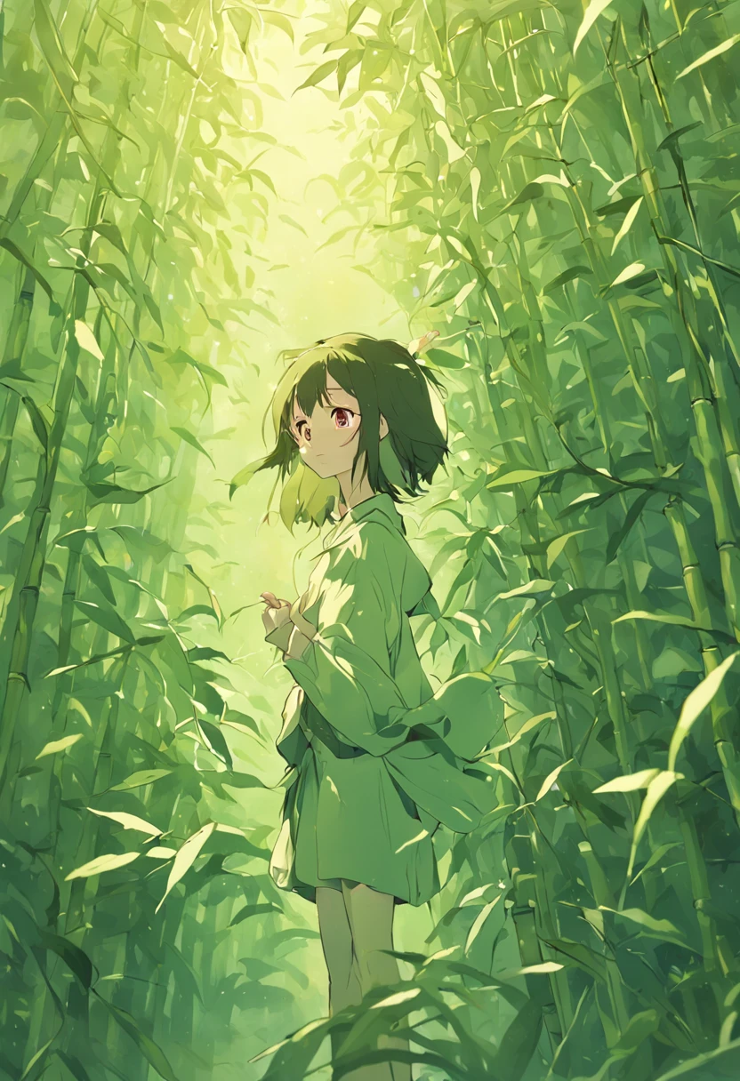 The simple and light background is painted with bamboo leaves and branches