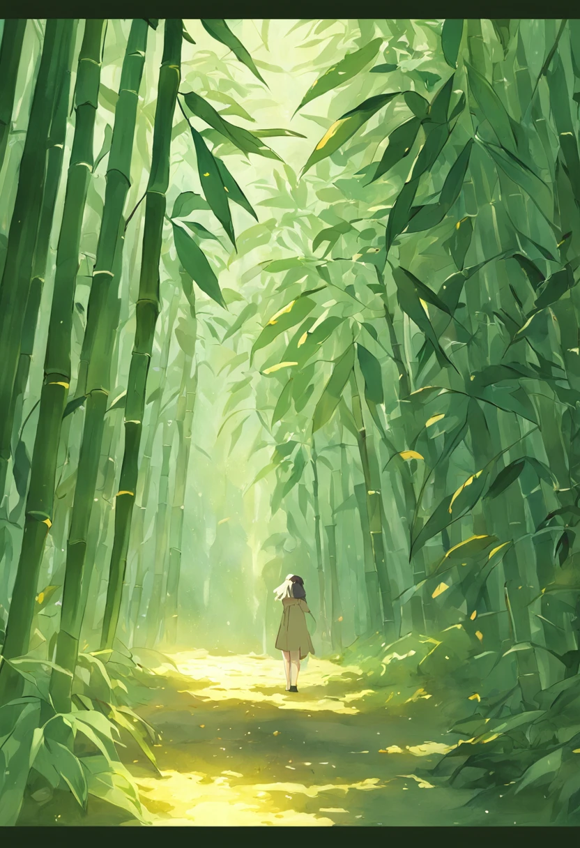 The simple and light background is painted with bamboo leaves and branches