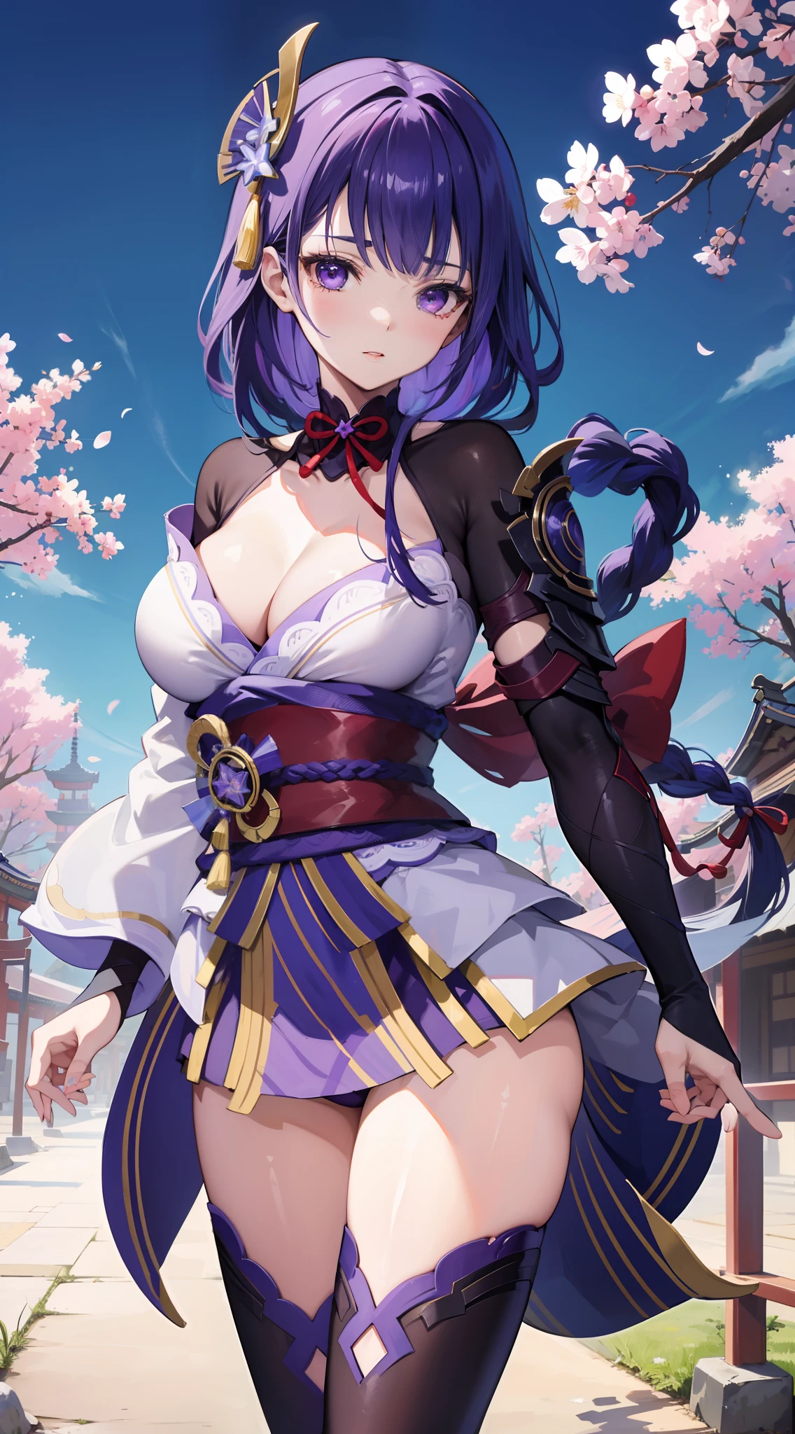 cheerfulness, Bared legs, japanese temples, (Highest quality,Masterpiece,8k wallpaper:1.2),((Pale skin)),1girll,Solo Woman,((Genshin_impact,Raiden general)),Lightning particles,Purple thunderbolt,Bright background,the cherry trees,purple color-theme,Delicate facial features,Sexy beautiful anime girl,Raiden general,Long purple hair,rosy lips,Anime mouth,Keep one's mouth shut,A sexy mature woman,(Severely melancholy face),Detailed eyes,busty figure