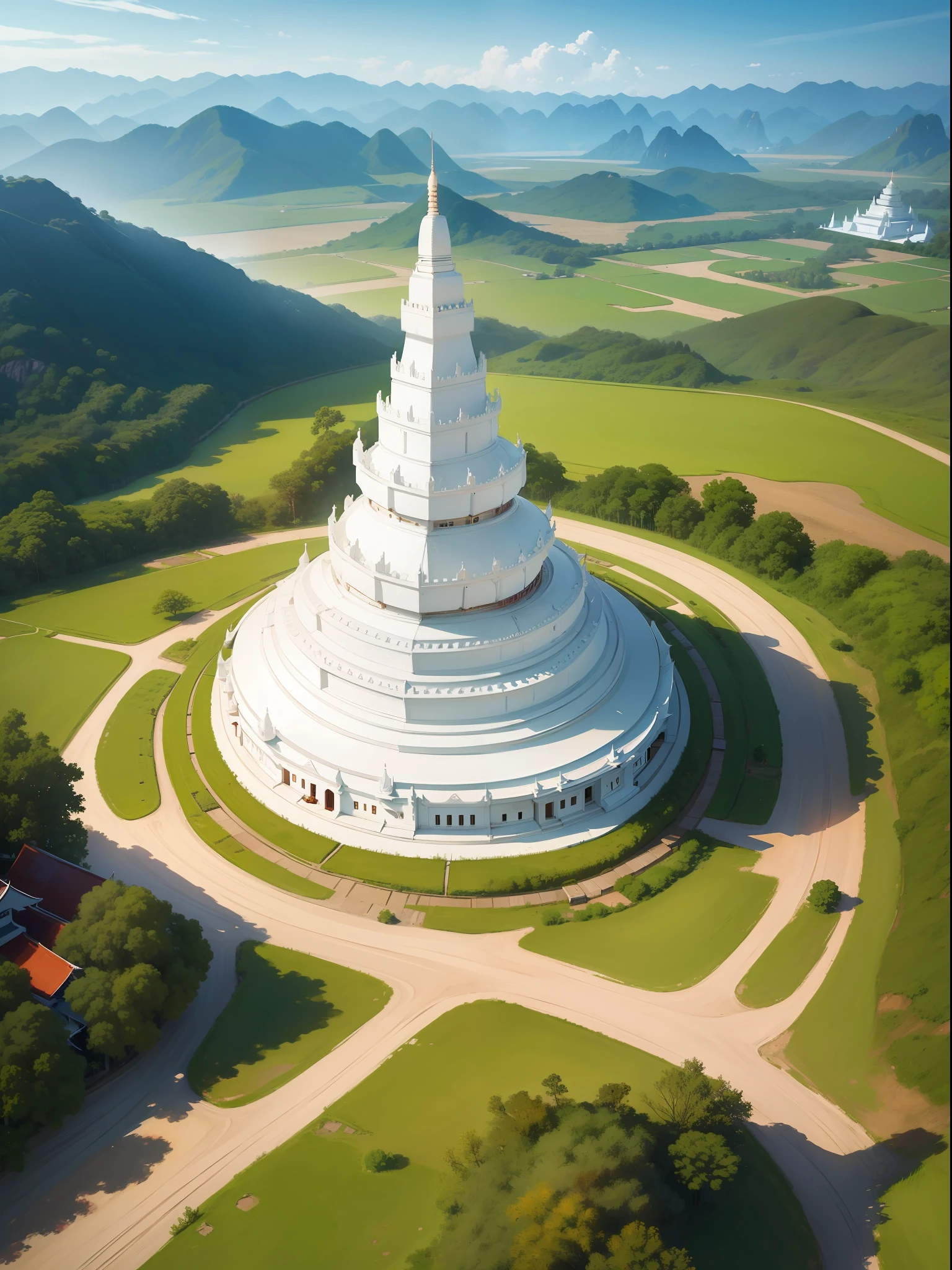 landscape of Myanmar, white pagoda and monastery on the hill, intricate image, 8k, uhd