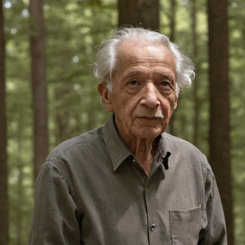 Amidst a dense forest of towering trees, Albert Einstein paces in contemplation. His face reveals the weight of profound thoughts, while his eyes shimmer with the spark of discovery. Sunlight filters through the leaves, casting dappled shadows on the ground. The forest seems to echo his musings, a silent witness to his genius. The play of light and shadows creates an almost mystical atmosphere, as if the forest itself is engaged in a conversation with the brilliant mind. Photo taken by Dorothea Lange with a Hasselblad X1D II using dappled sunlight and natural forest ambiance, the image is captured in rich 8K detail, preserving every nuance.