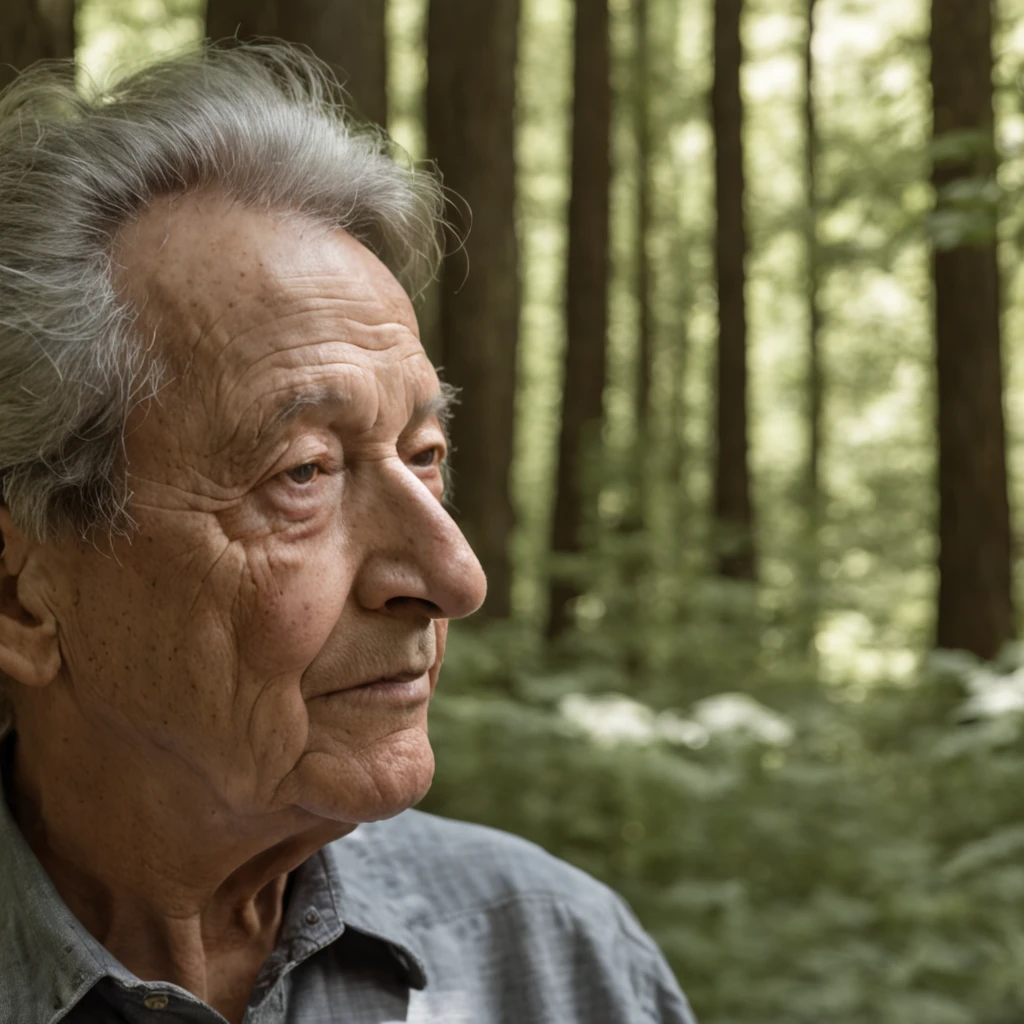 Amidst a dense forest of towering trees, Albert Einstein paces in contemplation. His face reveals the weight of profound thoughts, while his eyes shimmer with the spark of discovery. Sunlight filters through the leaves, casting dappled shadows on the ground. The forest seems to echo his musings, a silent witness to his genius. The play of light and shadows creates an almost mystical atmosphere, as if the forest itself is engaged in a conversation with the brilliant mind. Photo taken by Dorothea Lange with a Hasselblad X1D II using dappled sunlight and natural forest ambiance, the image is captured in rich 8K detail, preserving every nuance.