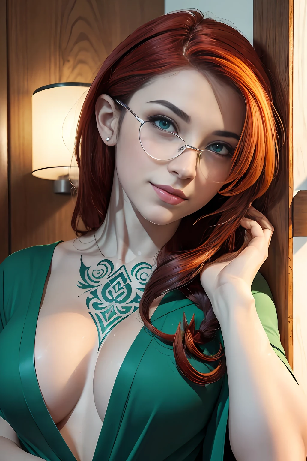 absurdres, foto RAW, mais alta qualidade, (obra-prima: 1.3), foto de cor RAW de alto detalhe, foto profissional, unidade de papel de parede CG 8k extremamente detalhada, foto-realista, realista, foto RAW, obra-prima, melhor qualidade, highres, illustration, 1girl, 16 ANOS, baixinha, tiny girl, magra, branca, ruiva, cabelo vermelho, cabelo ruivo com cachos, cabelo ondulado, curly hair, Average length, cabelo preso, pernas finas, rosto lindo perfeito com sardas, cardune lips, belos olhos realistas, olho direito verde, olho esquerdo azul, heterocromia, pale skin, textura de pele detalhada, seios planos, muito pequenos, bunda pequena. Rosas vermelhas tatuadas nos ombros, tattoos of pagan symbols on the forearms and hands. Corpo magro, esguio. Ruiva. Sorriso. Saindo do banho. Suada. Fazendo sexo oral. Estilo bruxa. Pagan style, Celtic, wiccan. Escocesa. She looks amazing. (dressing gown, metal sunglasses, colar com pingente de pentagrama, design detalhado), casa, noite.