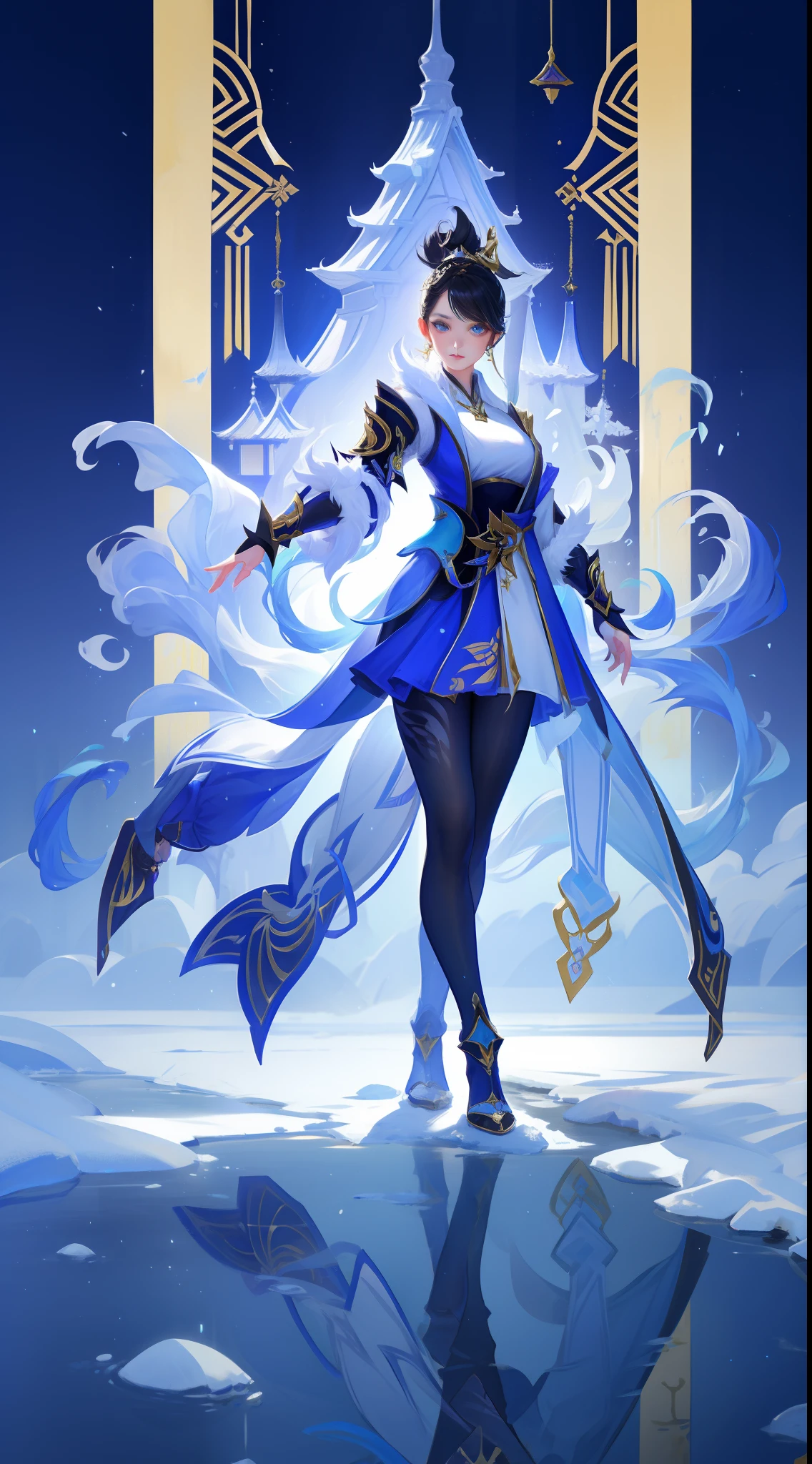 Game character, East Asian original art character design, 1girll, Solo, [:(Gradient background,Simple background:1.5):40],Black tights from the neck to the feet, the whole body has a gold fine pattern, rich details, metal reflective,winter
