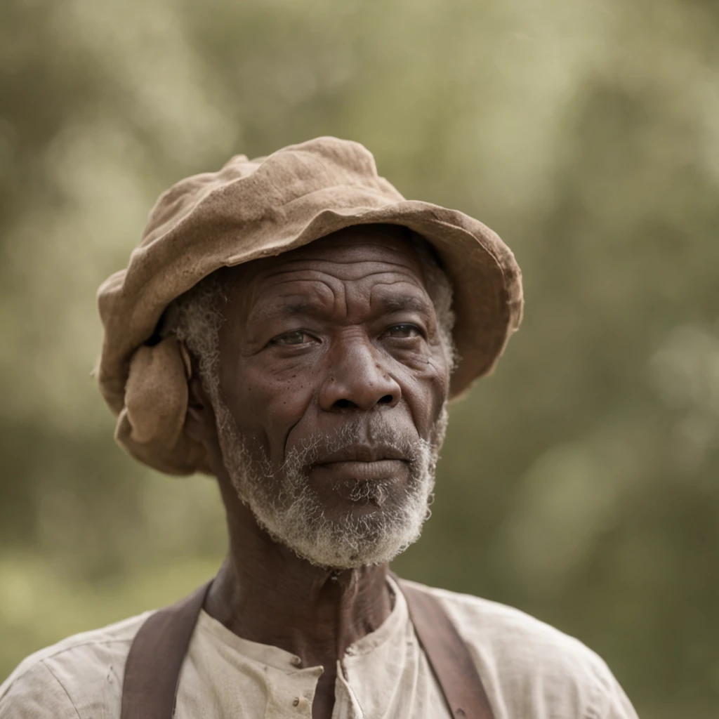 imagem realista, cinematografic, 8k, impressionante ,a man of African descent, 35 anos, com dois metros de altura, thin legs and large hands and feet, highlighting his imposing figure in the setting of the farm where he resided.eptco anos 1800