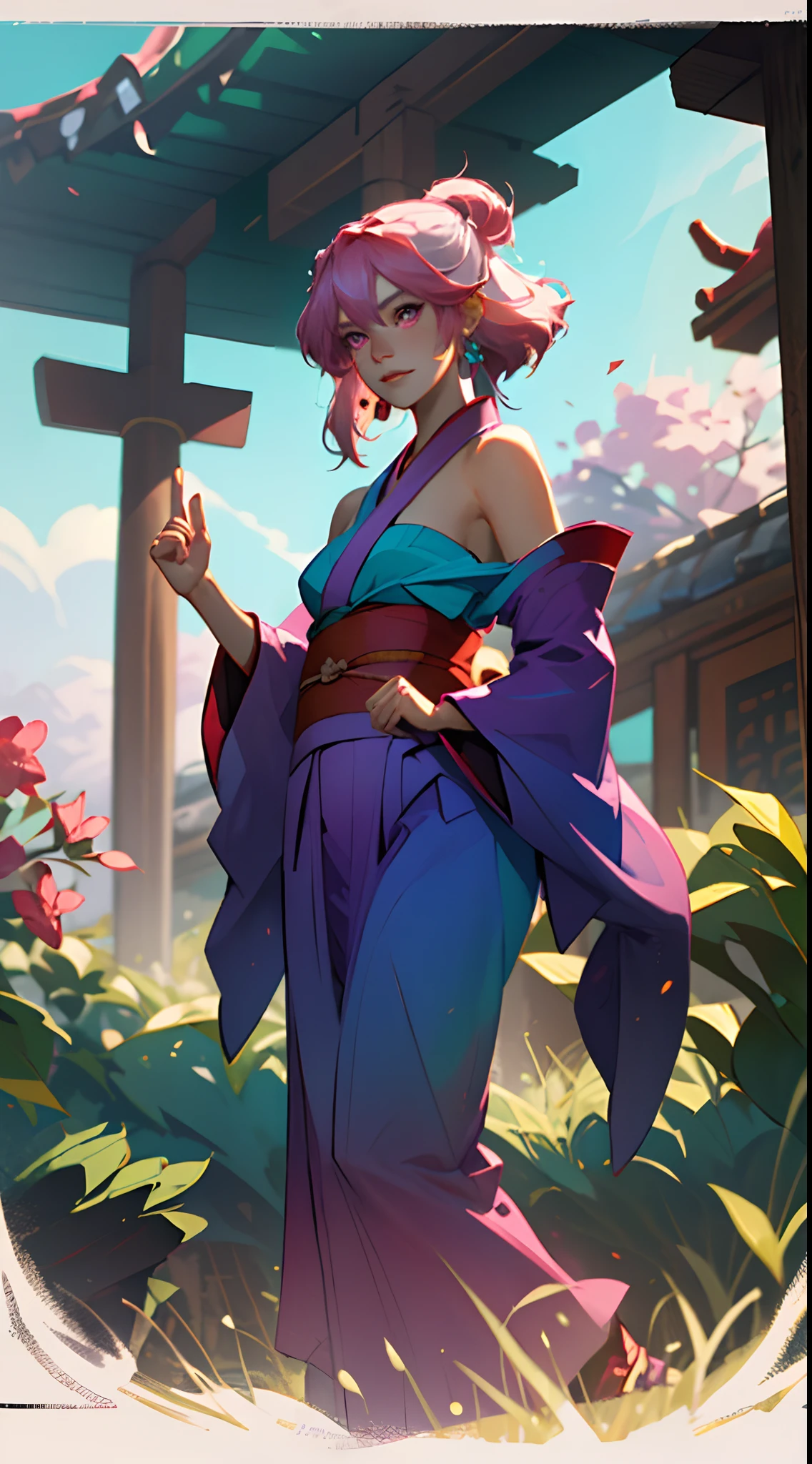 Yae Miko, 1girl, \n/, beast ear, cropped shoulders, Blushlush, beauty breast, SakuraNS, Closed-Mouth, the sleeve, 耳Nipple Ring, florals, Fox ears, Pedras preciosas, Hair between the eyes, hair adornments, Raise Hand, Daily service,jewely，komono，long whitr hair，looking at viewert，Expose breasts exposed，shrine maiden，Non-traditional witches，a pink eyes，Pink flowers，with pink hair，purple gemstone，short-length kimono，Lateral hair，ssmile，独奏，The upper part of the body，Kimono with white
