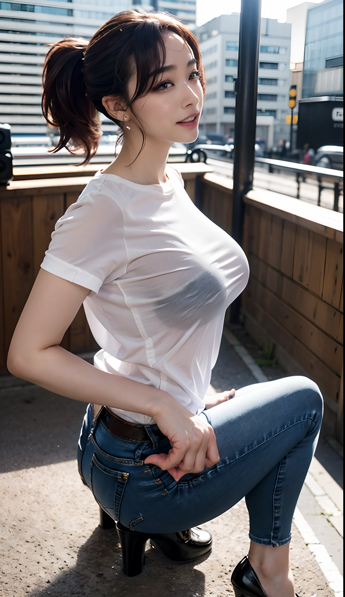 in 8K、超A high resolution、Best Quality、masutepiece (Large breasts、Colossal tits:1.5)(Small white t-shirt in tight size、Skinny Jeans、Put a tight white t-shirt inside jeans:1.5)(London cityscape:1.2) (Black hair ponytail、Bring out your forehead、Drawing from the side:1.28)Smiling happily、Big eyes、Distinct double eyelids、Lashes、Highlights in the eyes、Light brown eyes、Pinclip Gloss、piercings、Black enamel high heels、(Open your legs wide to the sides、Bend your knees slightly,)