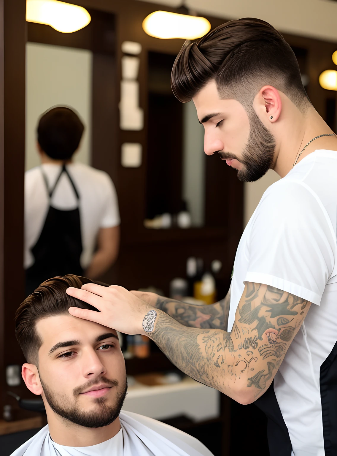 Homem moreno sem cabelo e com barba branca. Cortando o cabelo de um cliente dentro da barbearia