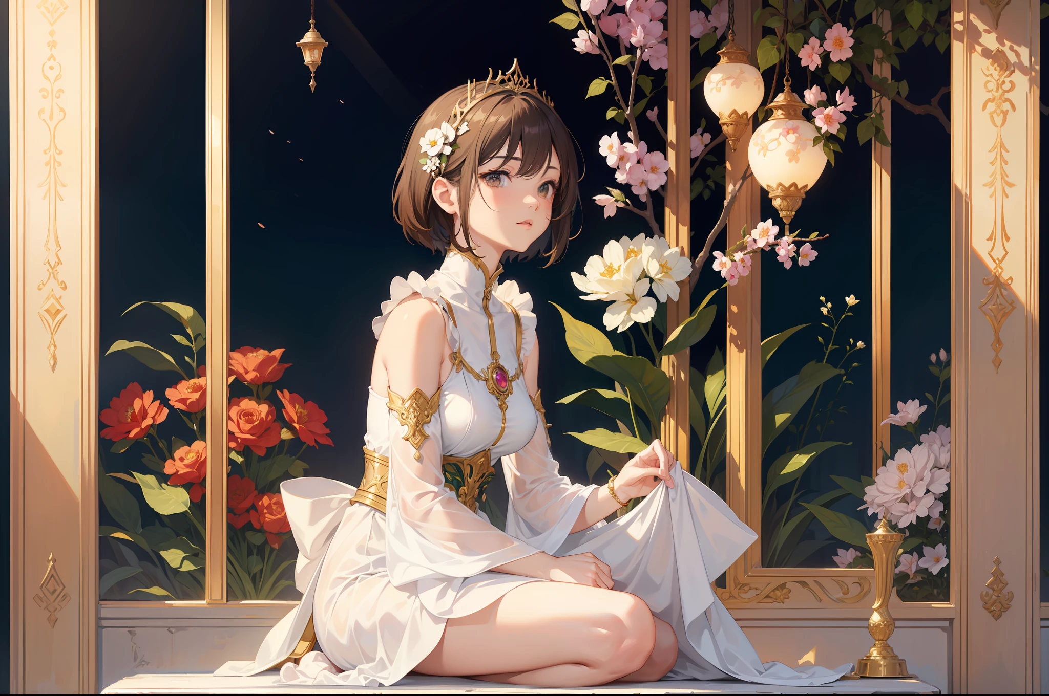 Official Art, Masterpiece European female face,elvish, short hair, lightbrown hair , brown eyes , Flower Frame ,Decorative panel , jugendstil , (masterpiece、top-quality、hight resolution: 1.4),in 8K, Drawing of a woman with short lightbrown hair, Anime Art Nouveau, highly detailed exquisite fanart, anime fantasy illustration, clean detailed anime art, detailed anime art, Sharp Focus, Delicate Beautiful Hair and Eyes and Face, realisitic, ultra-detailliert, a beauty girl,A slender,