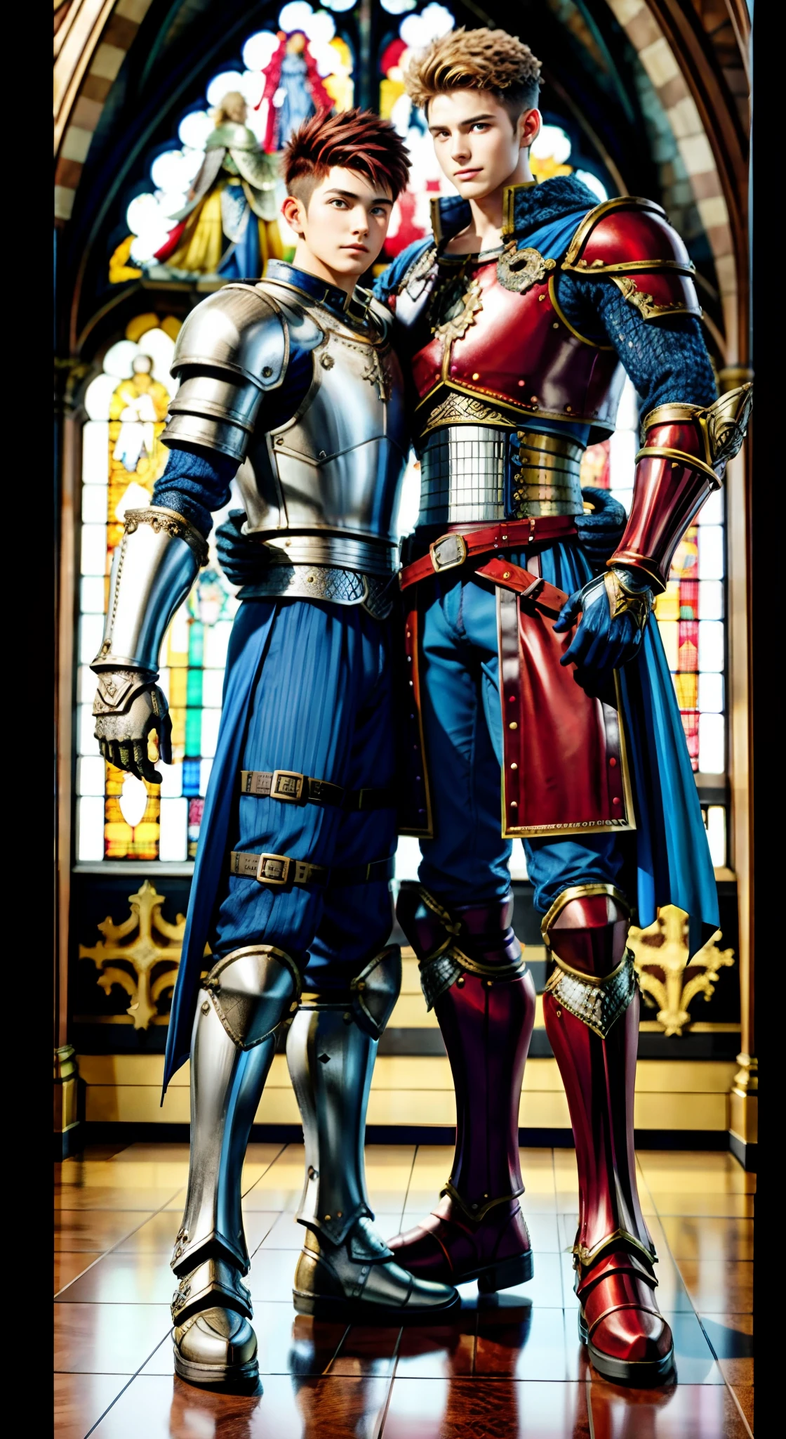 tmasterpiece， Best quality at best， 2 young men， A gay couple， Homosexuality， 2 Men， A red-haired person and another blonde person， Height difference， Different colors， apathy， Loves， Church background， Thick and messy hair，Gay，Both wear silver fantasy epic armor，Knight boots Seductive feet，Model figure，Tall，