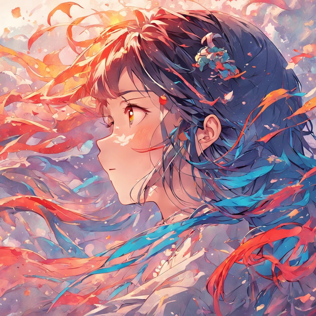 (White background:1.4),(Silhouette of a girl's head, Eyes closed, Colorful long hair, Oriental elements)，(Chinese Illustration:1.3，paper art:1.3, Quilted Paper Art:1.2),( Reasonable design, Clear lines, High Sharpness,Best Quality, Very detailed, masutepiece, Movie Light Effects, 4K )