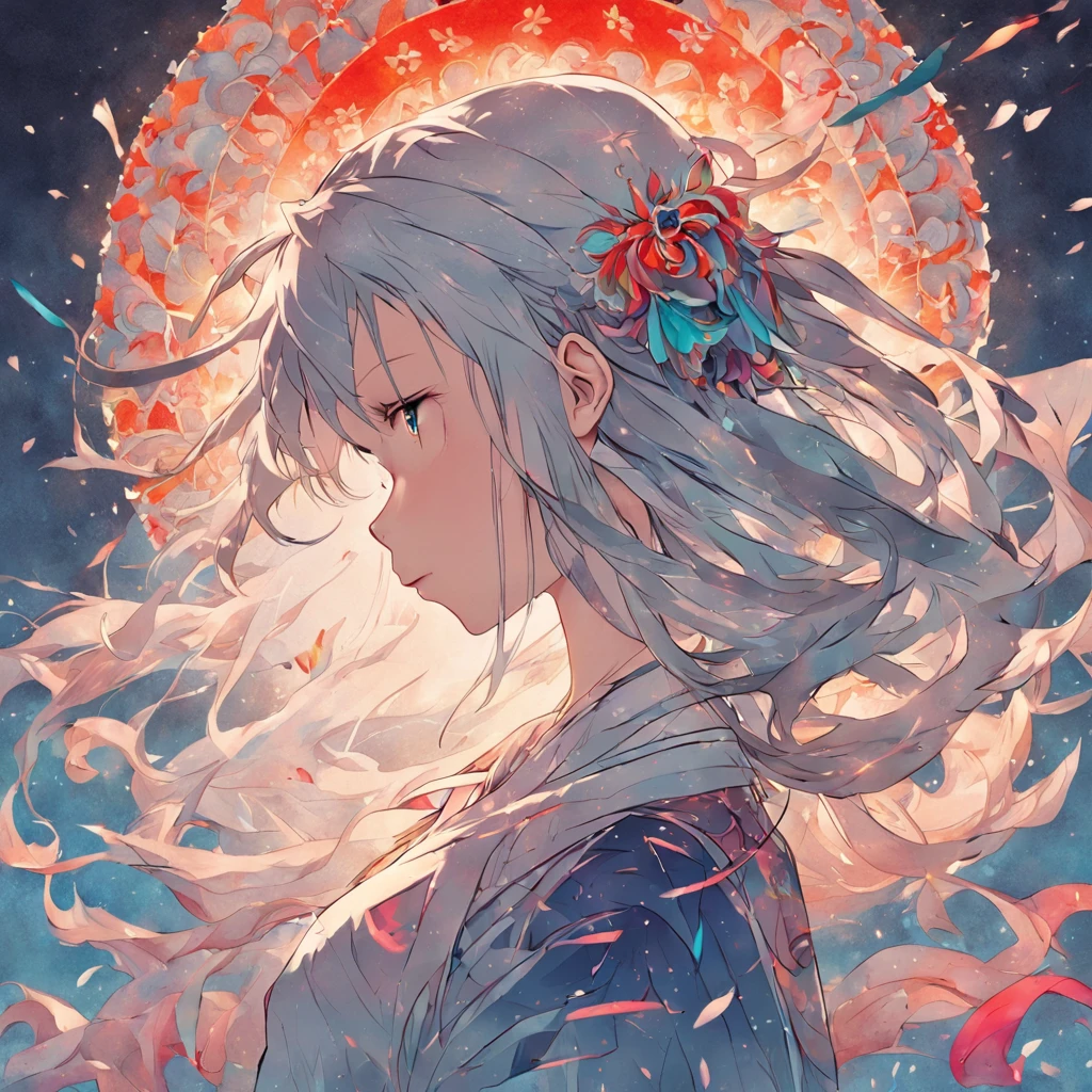 (White background:1.4),(Silhouette of a girl's head, Eyes closed, Colorful long hair, Oriental elements),(Chinese Illustration:1.3,paper art:1.3, Quilted Paper Art:1.2),( Reasonable design, Clear lines, High Sharpness,Best Quality, Very detailed, masutepiece, Movie Light Effects, 4K )