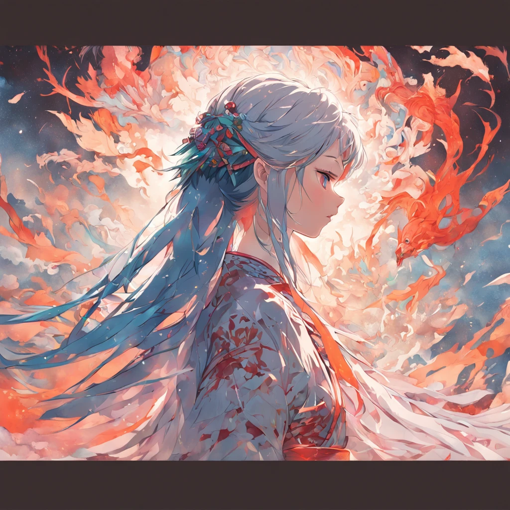 (White background:1.4),(Silhouette of a girl's head, Eyes closed, Colorful long hair, Oriental elements),(Chinese Illustration:1.3,paper art:1.3, Quilted Paper Art:1.2),( Reasonable design, Clear lines, High Sharpness,Best Quality, Very detailed, masutepiece, Movie Light Effects, 4K )