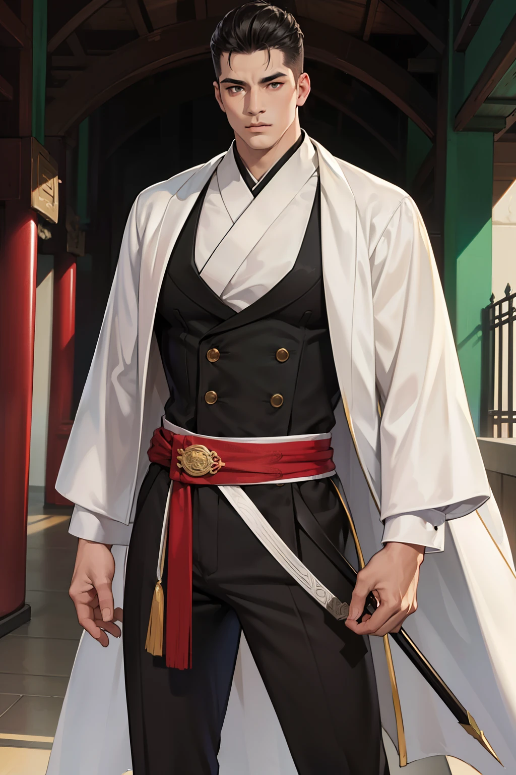 NSFW, obra-prima, melhor qualidade, ultra-detalhado, semi-realista, detailedfacialfeatures, 2 homem maduro, nome Fa Huang,vestindo roupas antigas wuxia hanfu, cabelos brancos,longos,barba branca,olhos negros, macho,cor da roupa branca ,manly,homem de respeito,graves,Arrogantly,Imposing standing holding powerful sharp sword